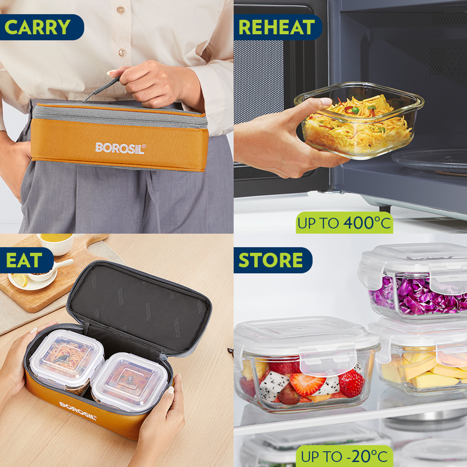 Image of BOROSIL Zest Glass Lunchbox, 2pc Square Set (320ml Each), Horizontal Tiffin 2 Containers Glass Office Lunch Box