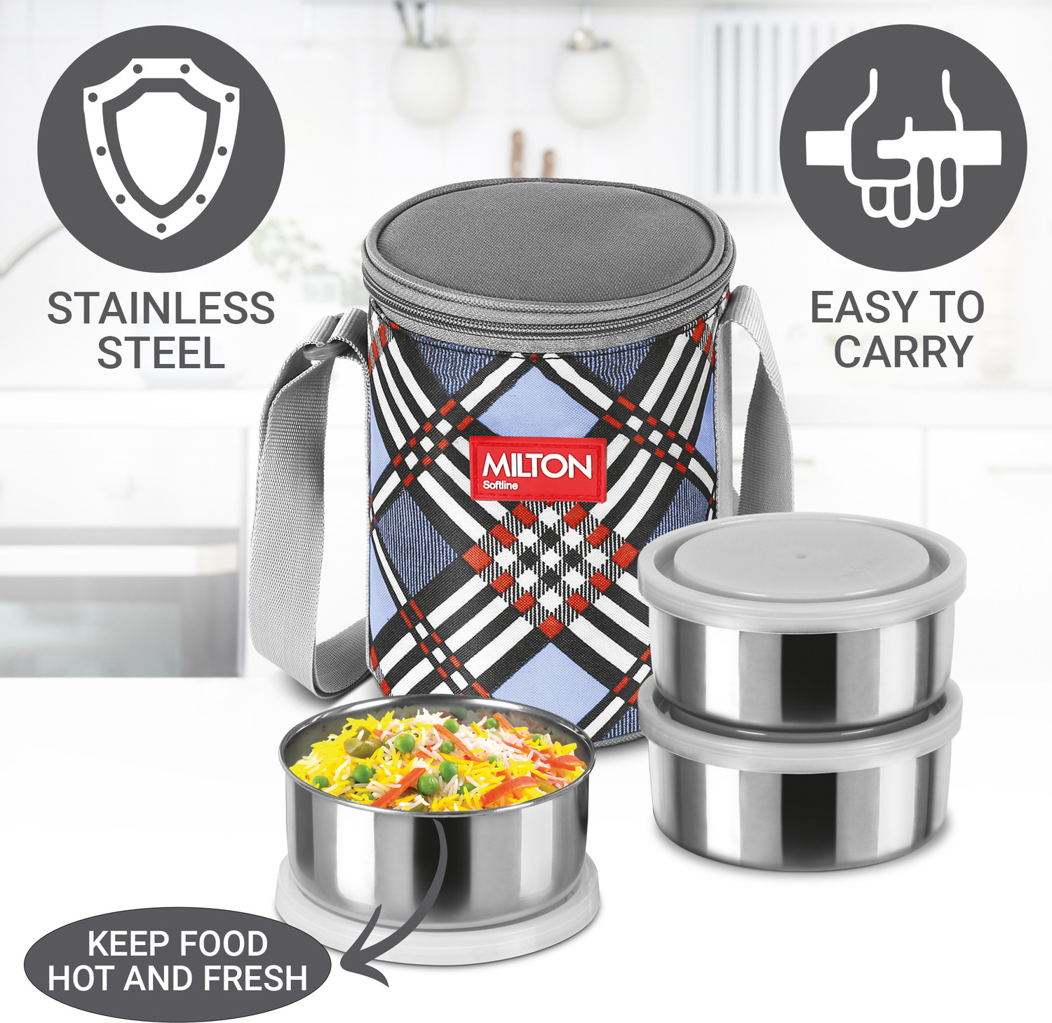 Image of MILTON Steel Treat 3 Stainless Steel Tiffin, 3 Containers, 280 Each with Jacket, Blue 3 Containers Stainless Steel Office Lunch Box