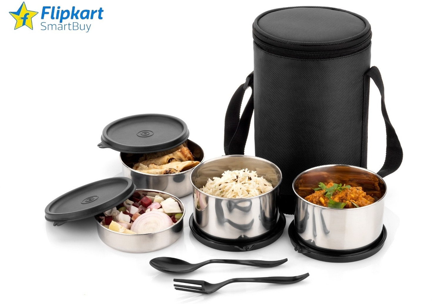 Image of Flipkart SmartBuy WONDERFUL DESIGN OF STAINLESS STEEL LUNCHBOX IN BLACK COLOR WITH SPOON & FORK 4 Containers Stainless Steel Office Lunch Box
