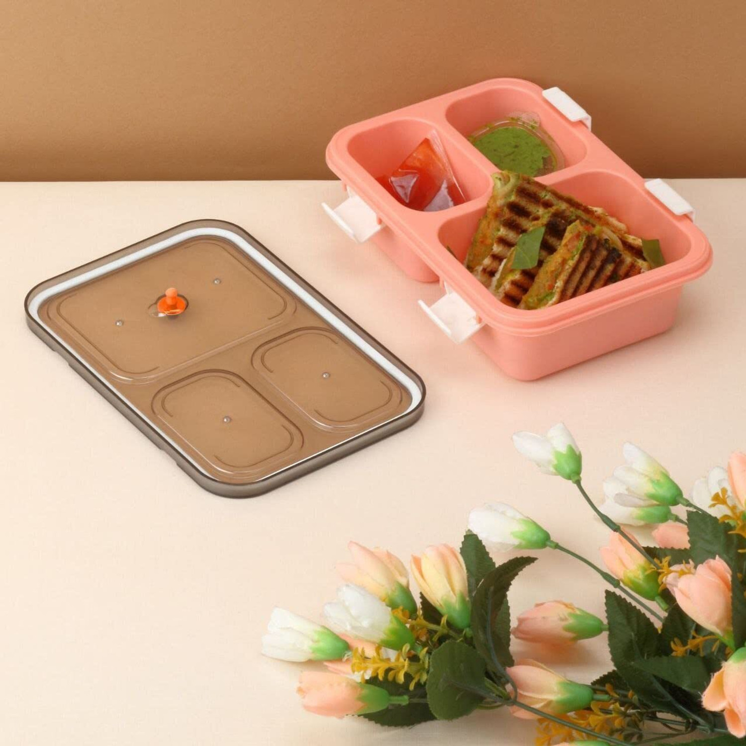 Image of SKYZONE 3 Grid Plastic Lunch Box Split Grid Lunch Box Bento Box 3 Containers Plastic Office Lunch Box