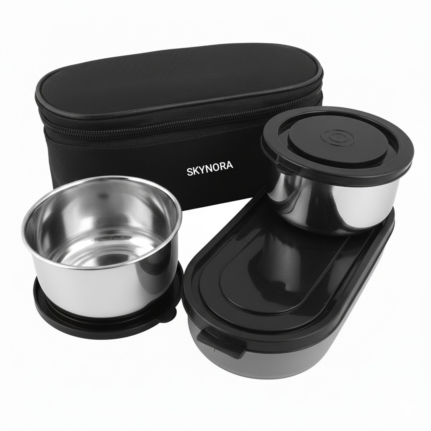 Image of SKYNORA Stainless Steel Lunch Box Leak-Proof 3 Containers 300mlx2 |400mlx1Oval Black 3 Containers Stainless Steel School Lunch Box