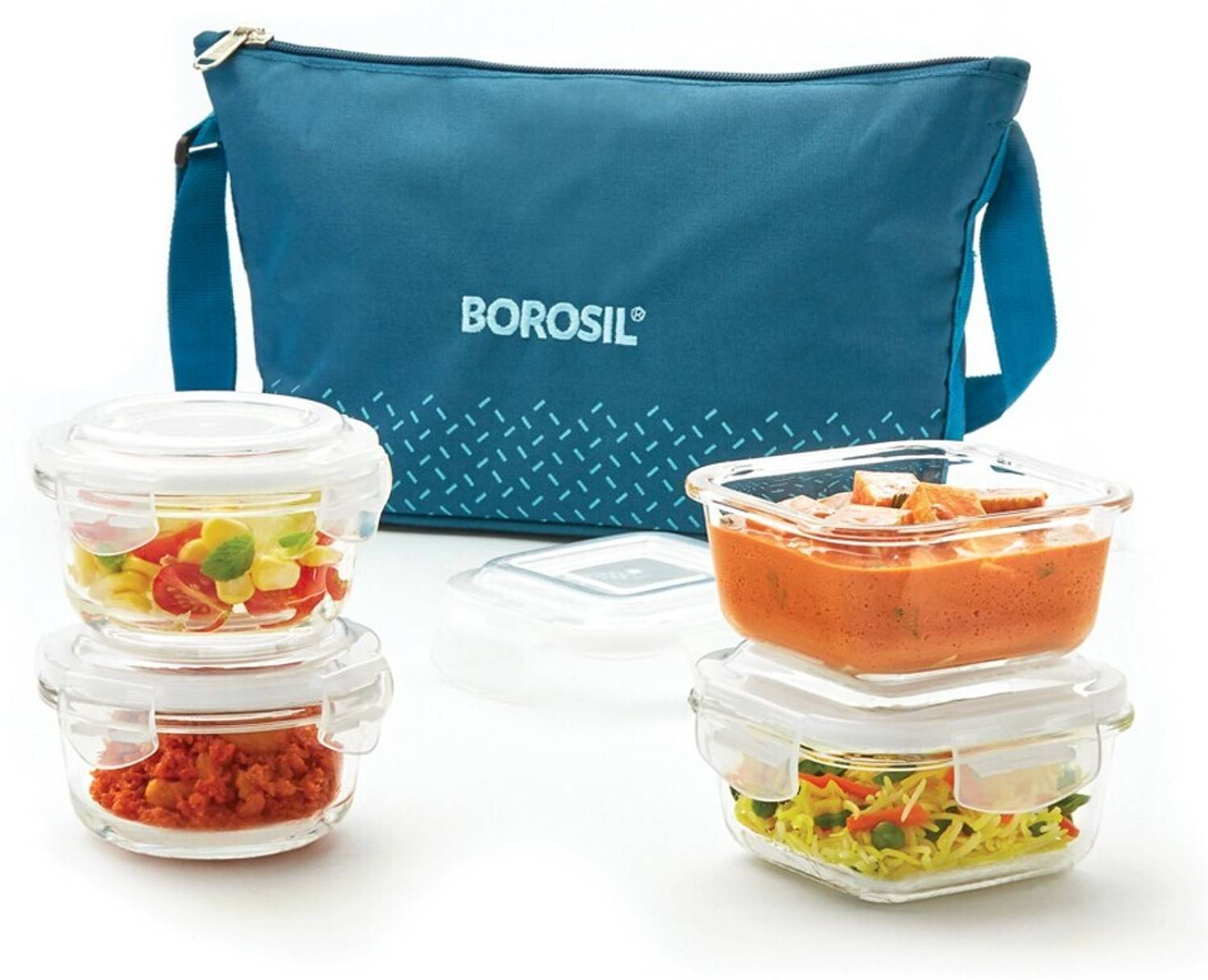 BOROSIL Teal Daisy Bag, 4 Pc (320ml x 2 Square + 240ml x 2 Round), Tiifin for office 4 Containers Glass Office Lunch Box