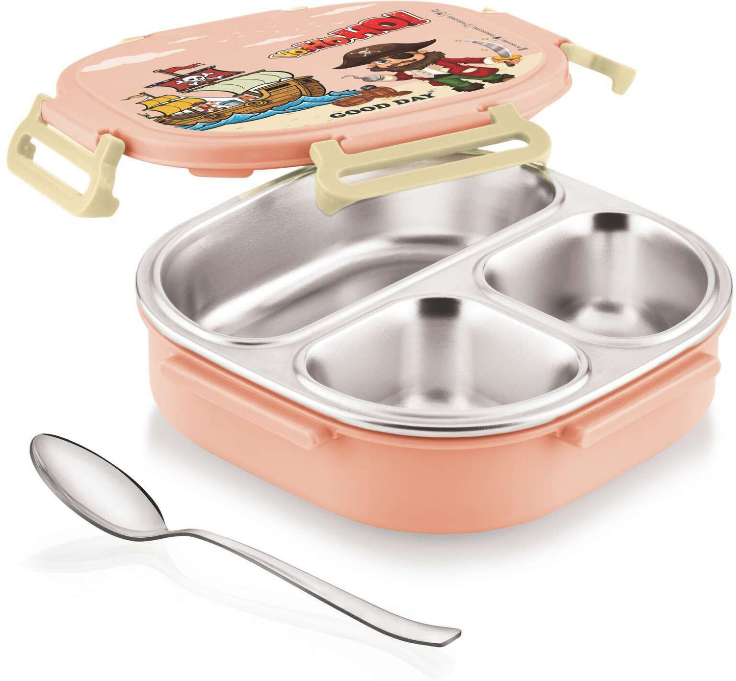 Image of Good Day Donut 3 Insulated Steel Tiffin With Spoon For Kids, School 3 Containers Stainless Steel School Lunch Box