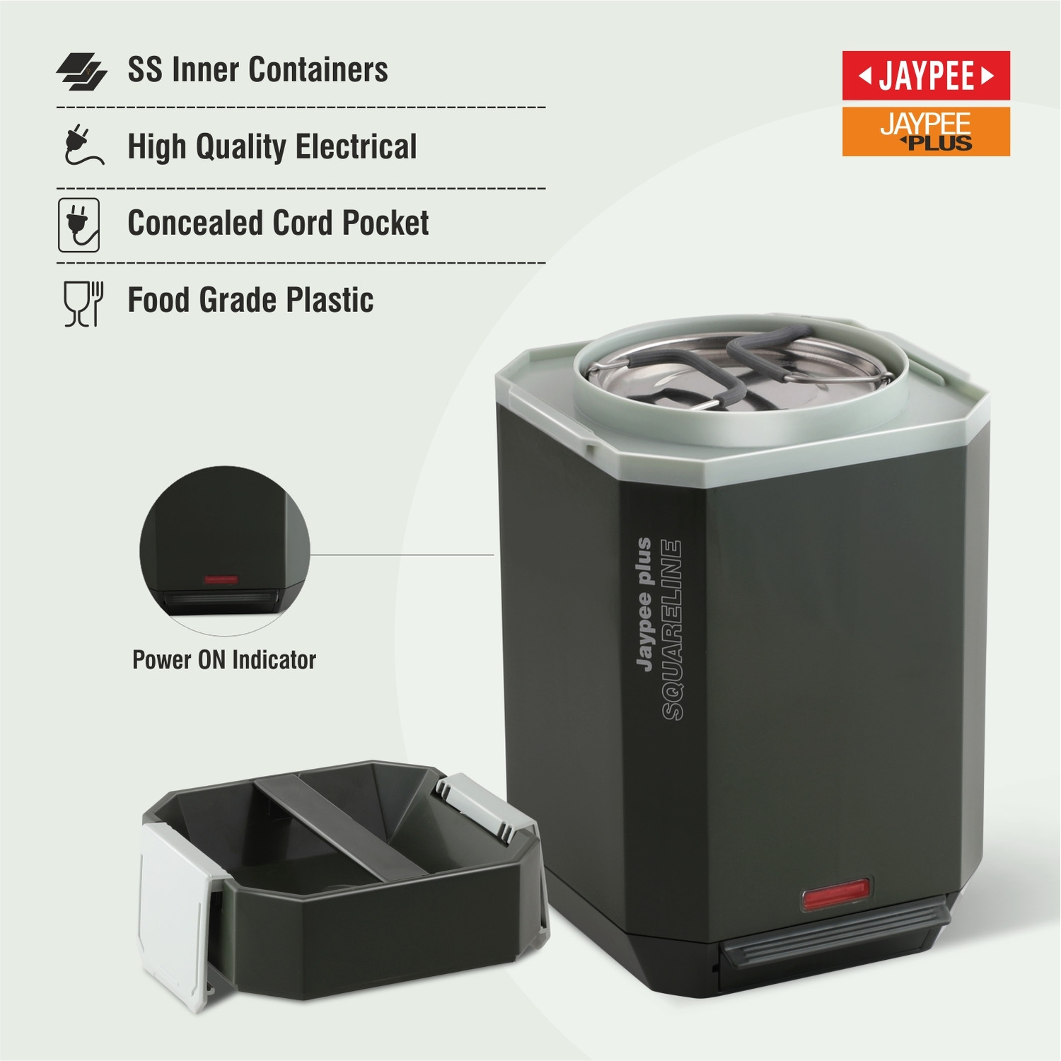 Image of Jaypee Plus SQUARELINE Office Electric Lunch box with 3 steel containers with Power Cord 3 Containers Stainless Steel, Plastic Office Lunch Box (350 ml)