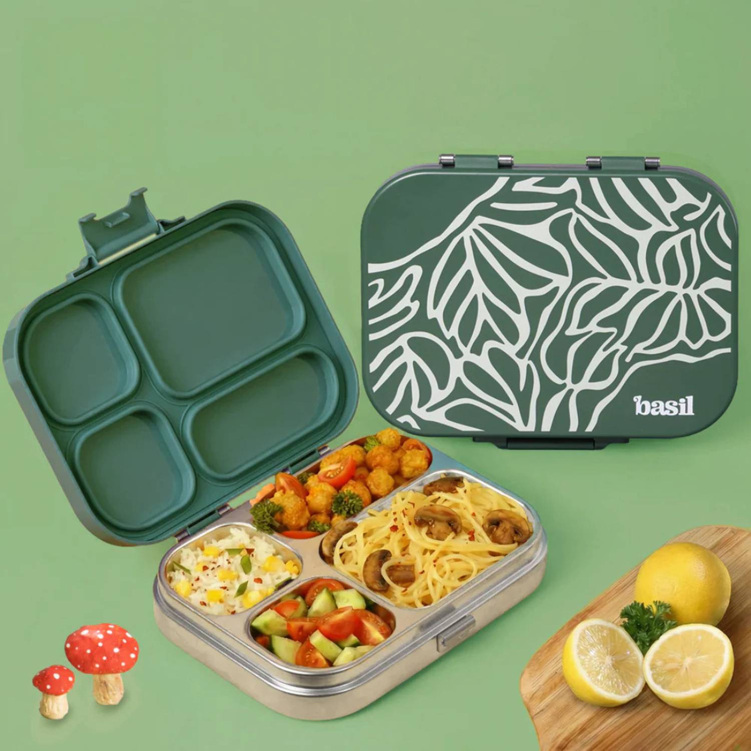 BASIL Stainless Steel 4-Compartment Bento Lunch Box, BPA-Free Lid, 800ml Emerald Moss 4 Containers Stainless Steel Office Lunch Box