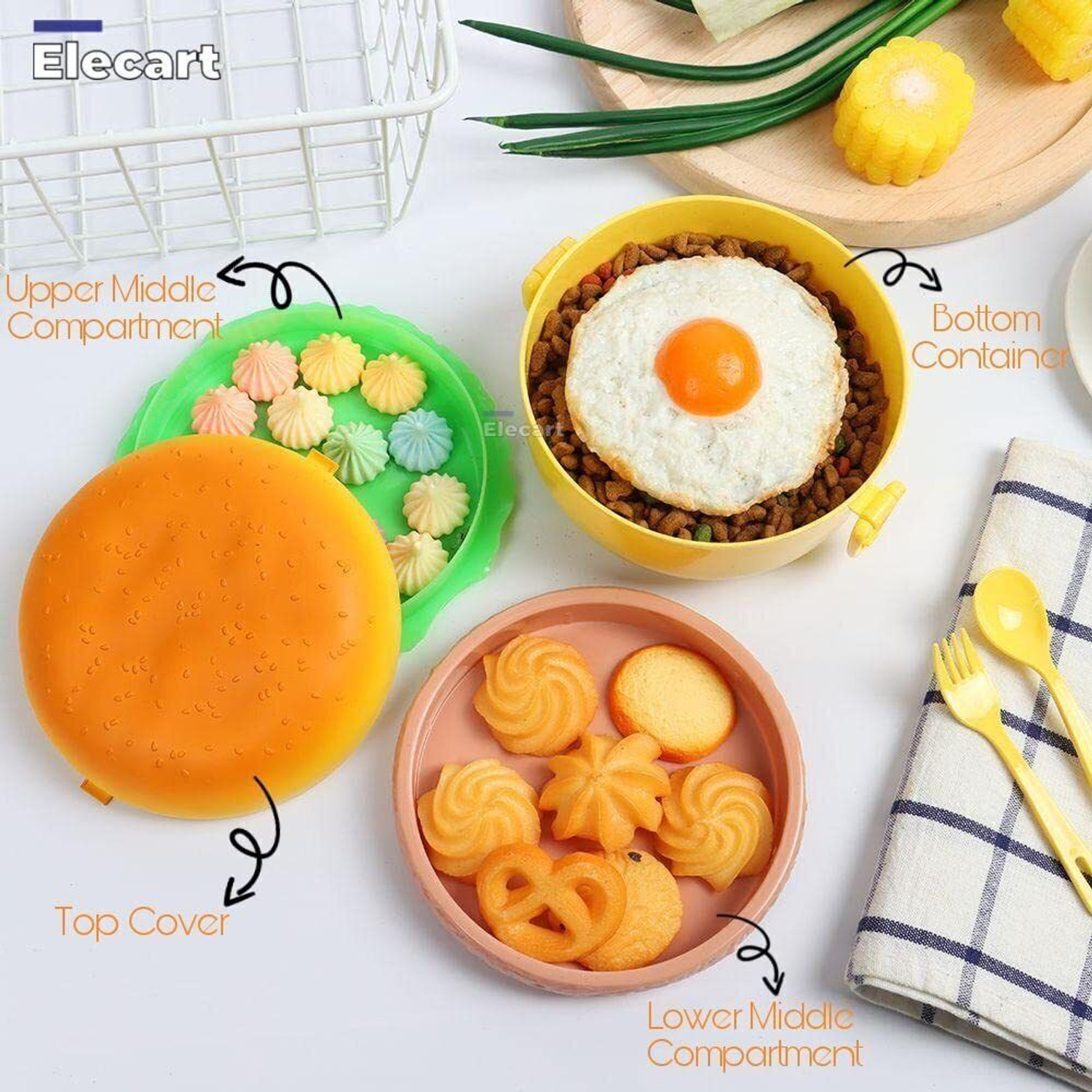 Image of PERIZONE Plastic Burger Shaped Lunch Box for Kids - School Tiffin Box with Spoon 2 Containers Plastic School Lunch Box
