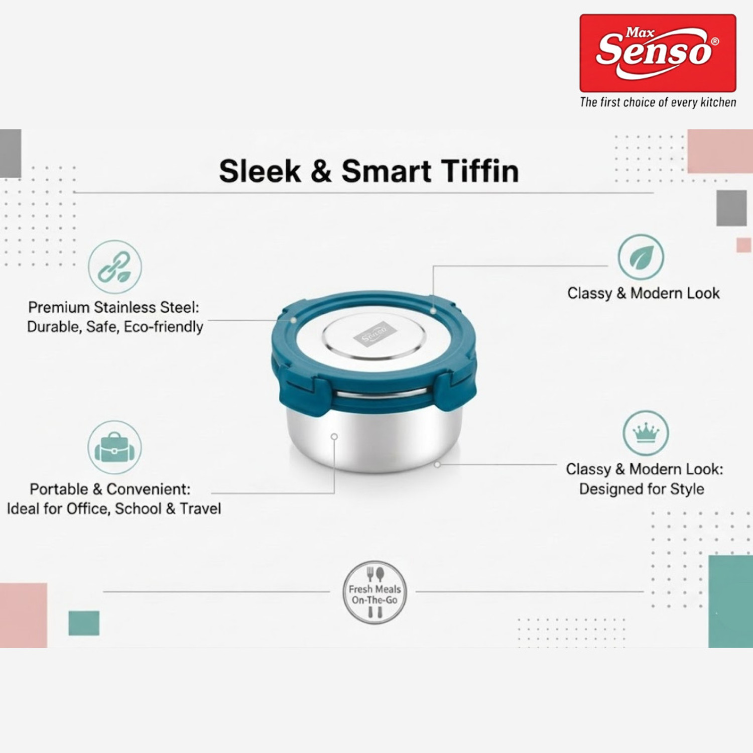 Image of Max Senso Apolo Stainless Steel Airtight & Leak Proof Lunch Container (Blue) 1 1 Containers Stainless Steel, Plastic Office Lunch Box
