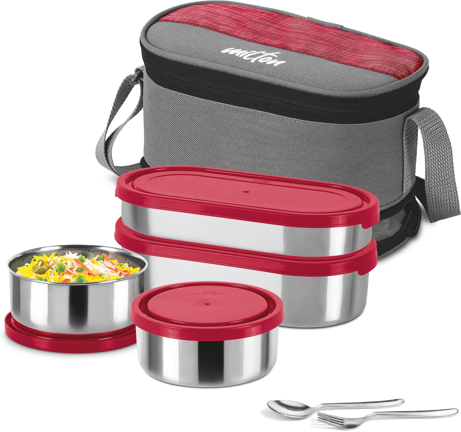 Image of MILTON Triple Decker Stainless Steel Lunch Box With Insulated Jacket, Red 4 Containers Stainless Steel Office Lunch Box
