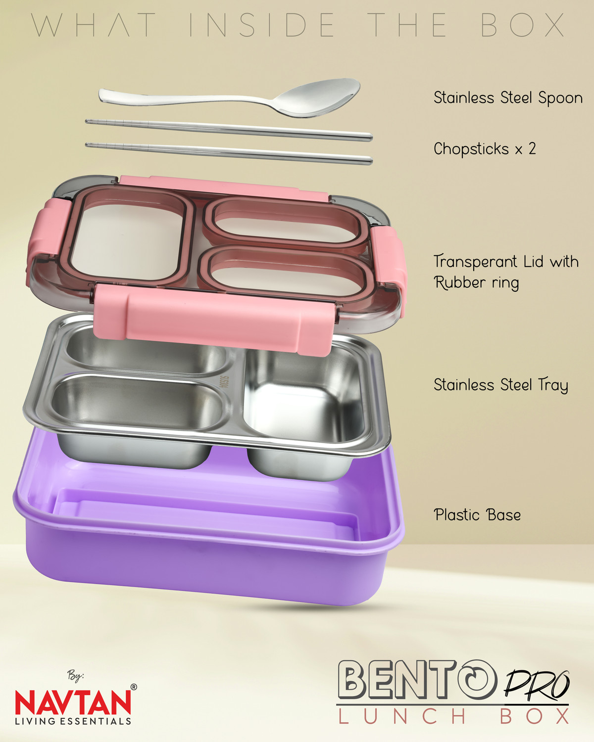 Image of NAVTAN Bento Pro 3 Section Lunch Box | Stainless Steel | Air Tight | Spoon & Chopsticks 3 Containers Stainless Steel College Lunch Box