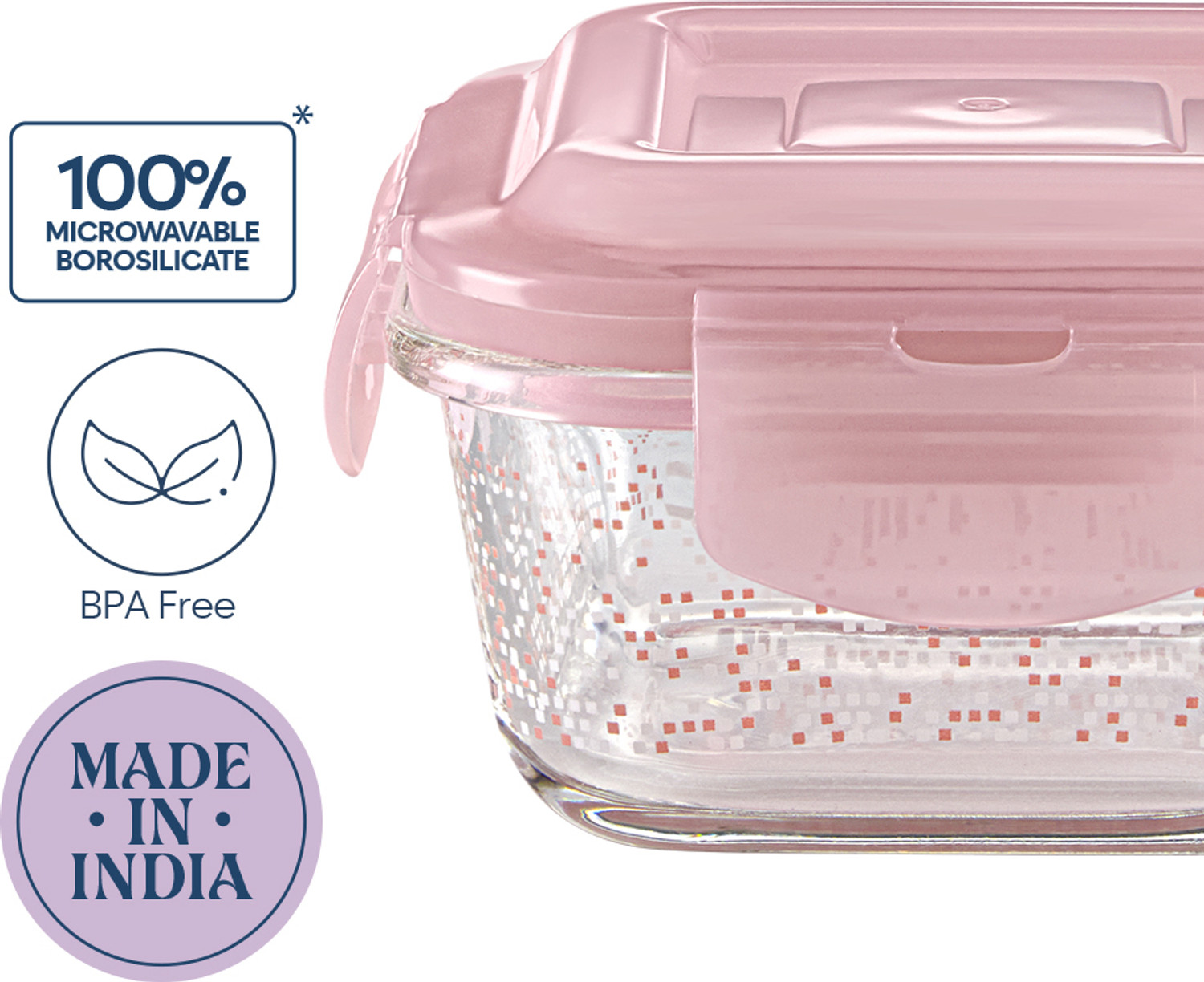 Image of Larah by Borosil Speckle Pink Universal Borosilicate Glass Tiffin, (320ml x 2 + 240ml x 2) 4 Containers Glass Office Lunch Box