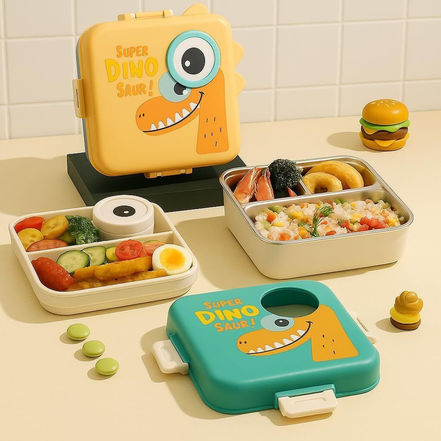 Image of FLOWN ENTERPRISE Super Dino Lunch Box 2 Layer Stainless Steel 6 Containers Plastic School Lunch Box
