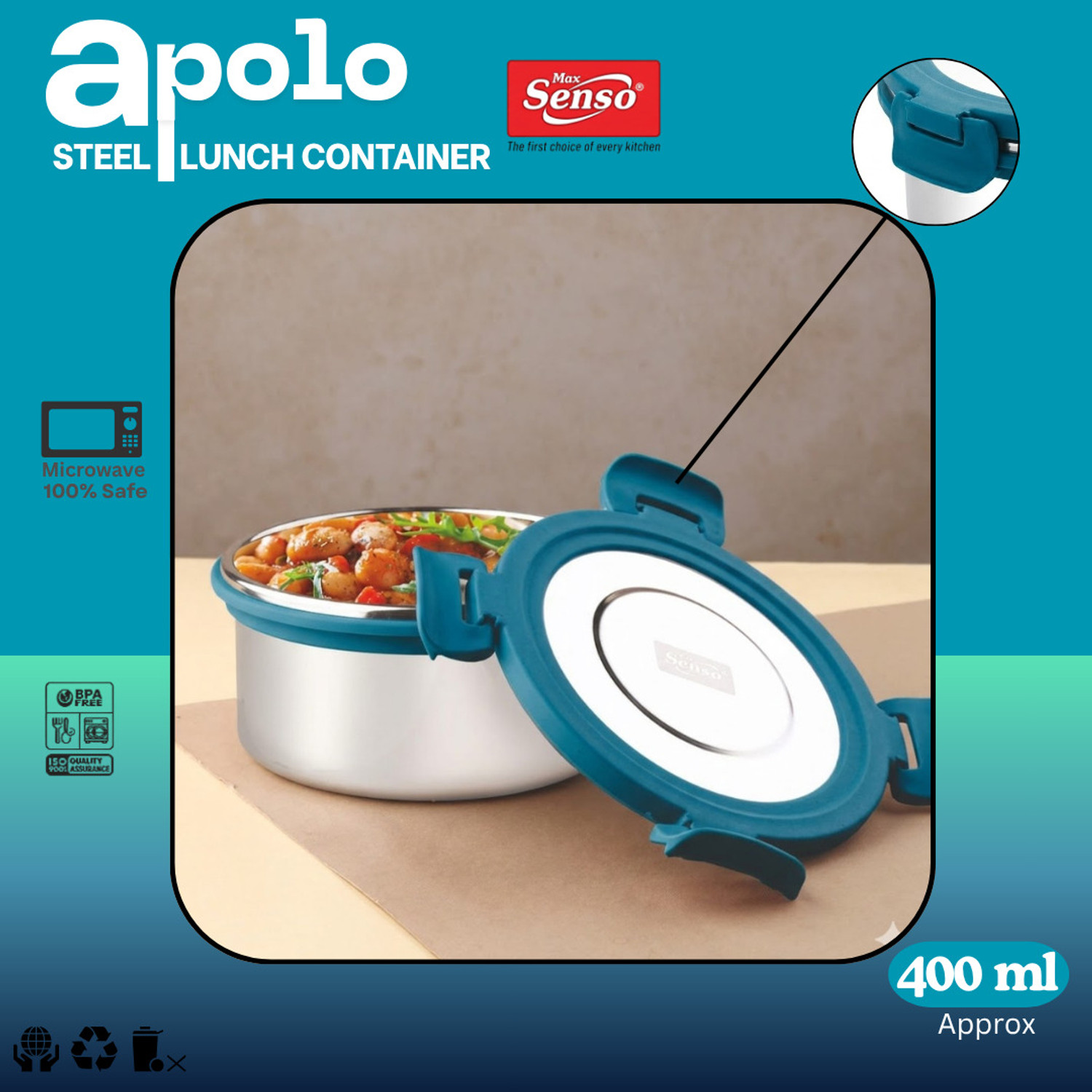 Image of Max Senso Apolo Stainless Steel Airtight & Leak Proof Lunch Container (Blue) 1 1 Containers Stainless Steel, Plastic Office Lunch Box