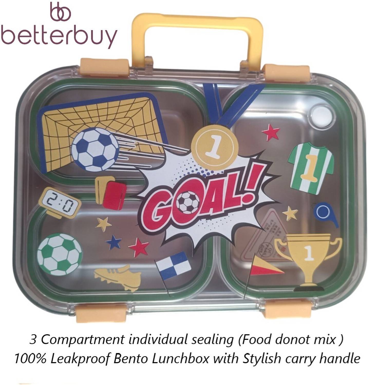 Better Buy Football design 100% leakproof green 3 Containers Stainless Steel School Lunch Box