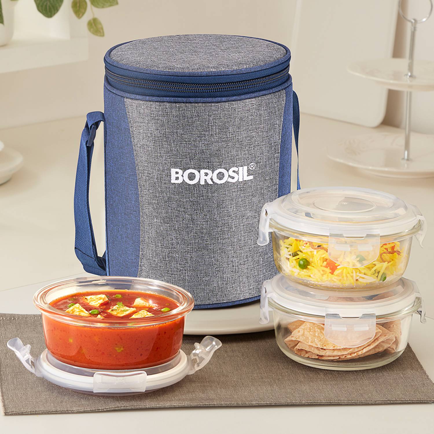 BOROSIL Alora Borosilicate Glass Lunchbox, 3 pc Round Set (400 ml Each), Office Tiffin 3 Containers Glass Office Lunch Box