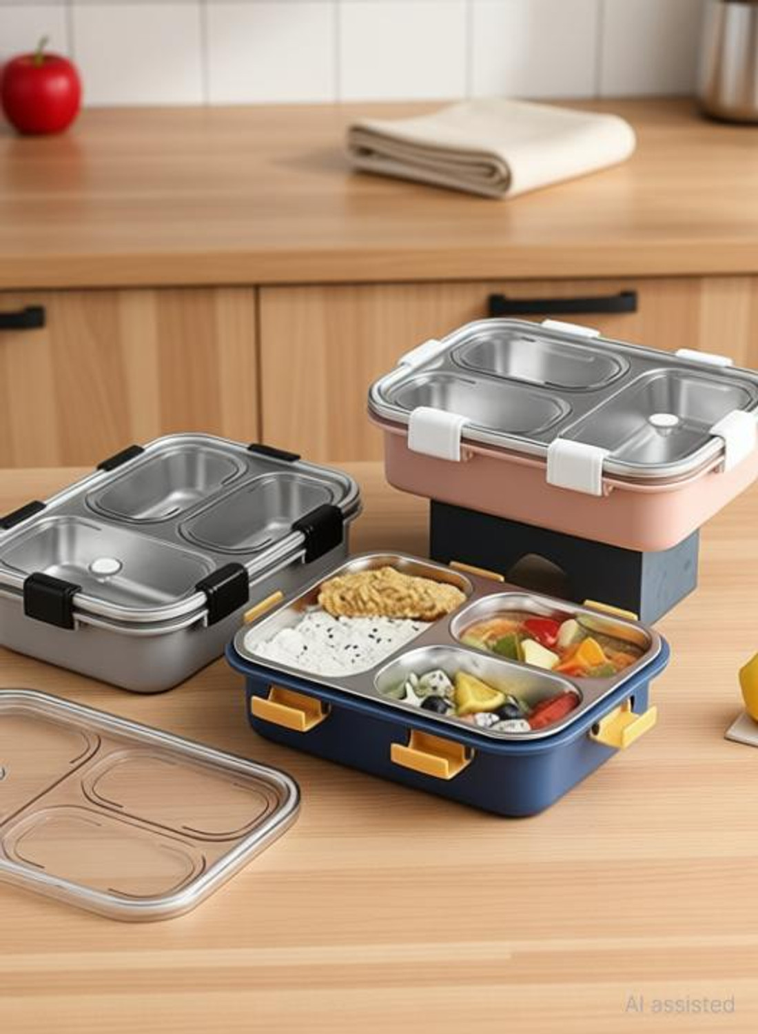 Image of KRIANANSH Leak Proof 3 compartment Stainless Steel Lunch Box multicolor 3 Containers Stainless Steel Office Lunch Box
