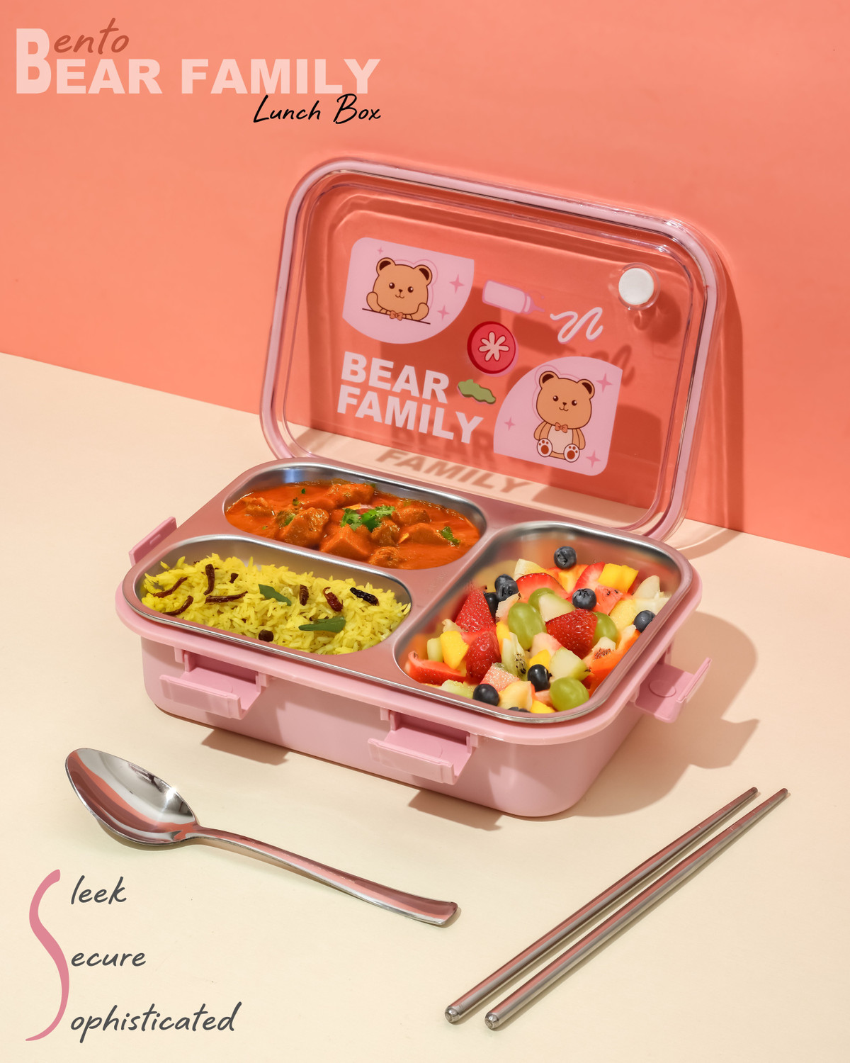 Image of Boxito Bear Family Steel Lunch Box 3 Containers Stainless Steel, Plastic, Silicone School Lunch Box