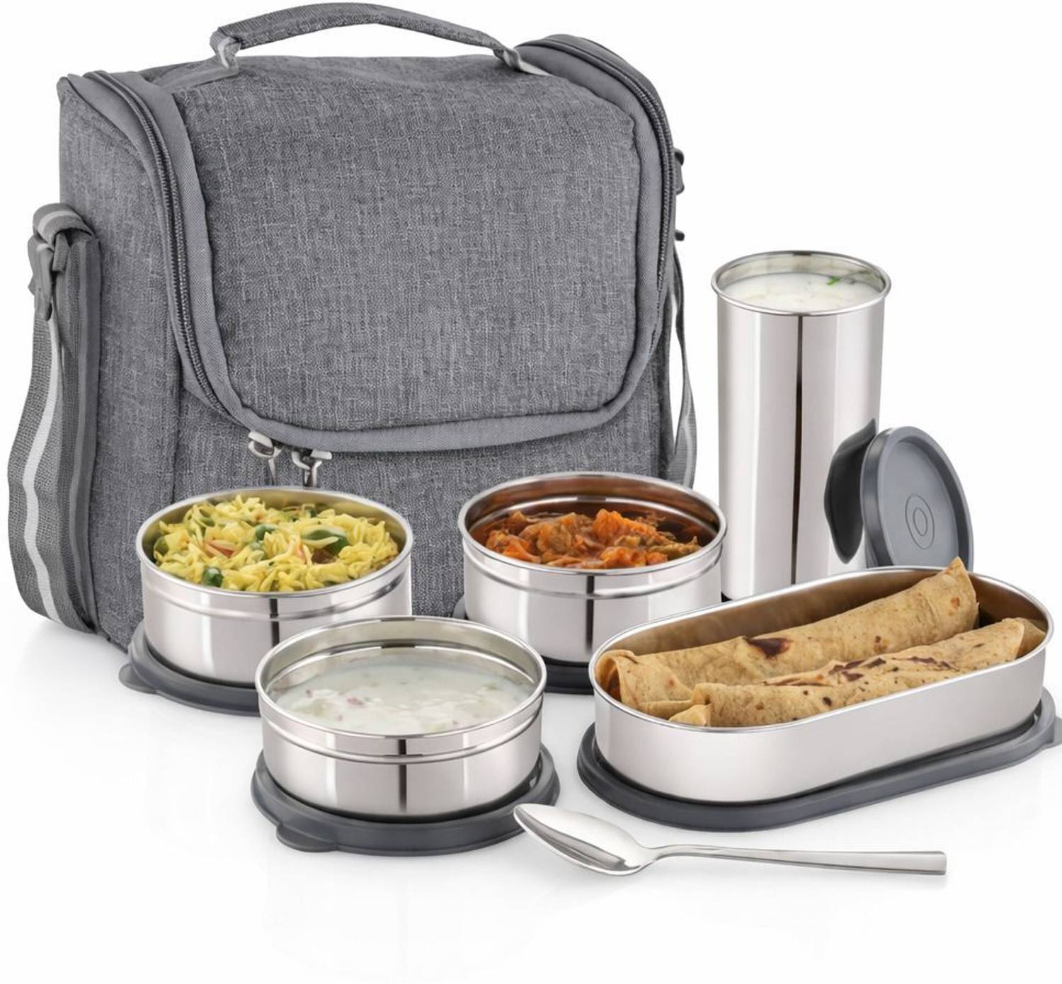 AK HUB Lunch Box with Insulated Fabric Jacket, 5 Containers ( 275,370,370,380,450ml ) 5 Containers Stainless Steel Office Lunch Box