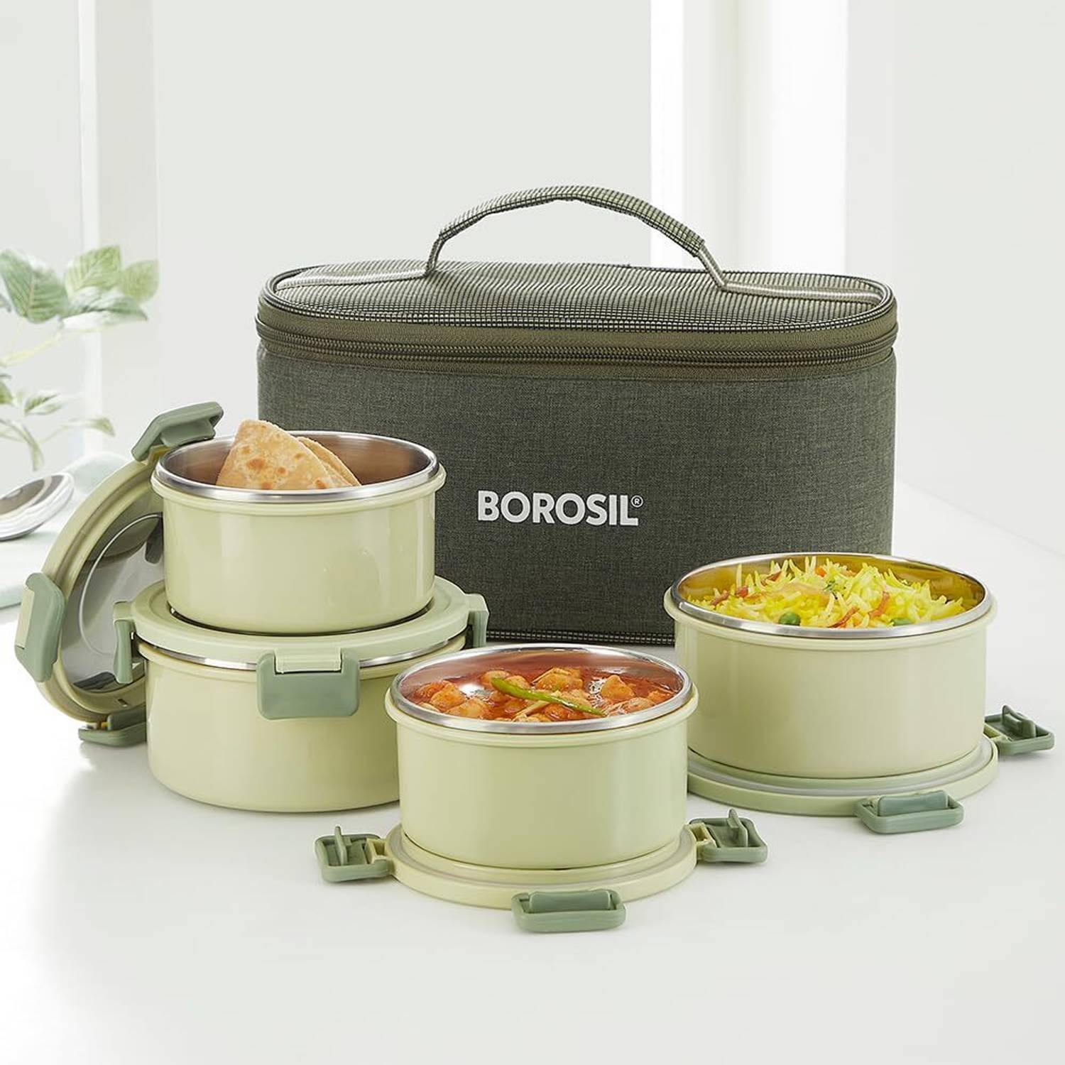 BOROSIL Glory Green Microwavable Lunchbox, 4 pcs Set (460 ml x 2 + 280 ml x 2), Tiffin 4 Containers Stainless Steel College Lunch Box