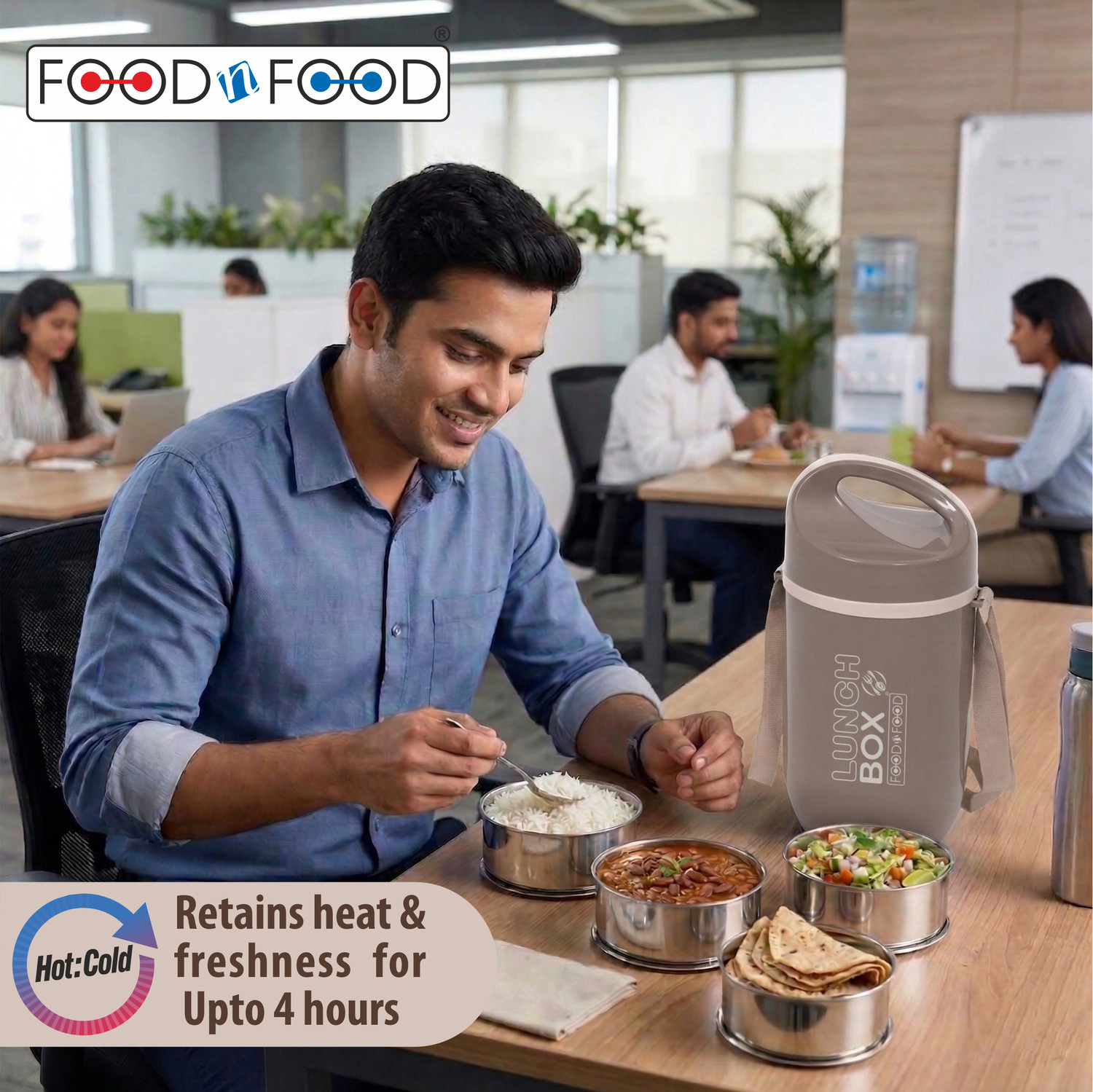 Image of FOODNFOOD Matrix4 Insulated Hot and Cold with Lock Lifter Stainless Steel 4 Containers Stainless Steel Office Lunch Box