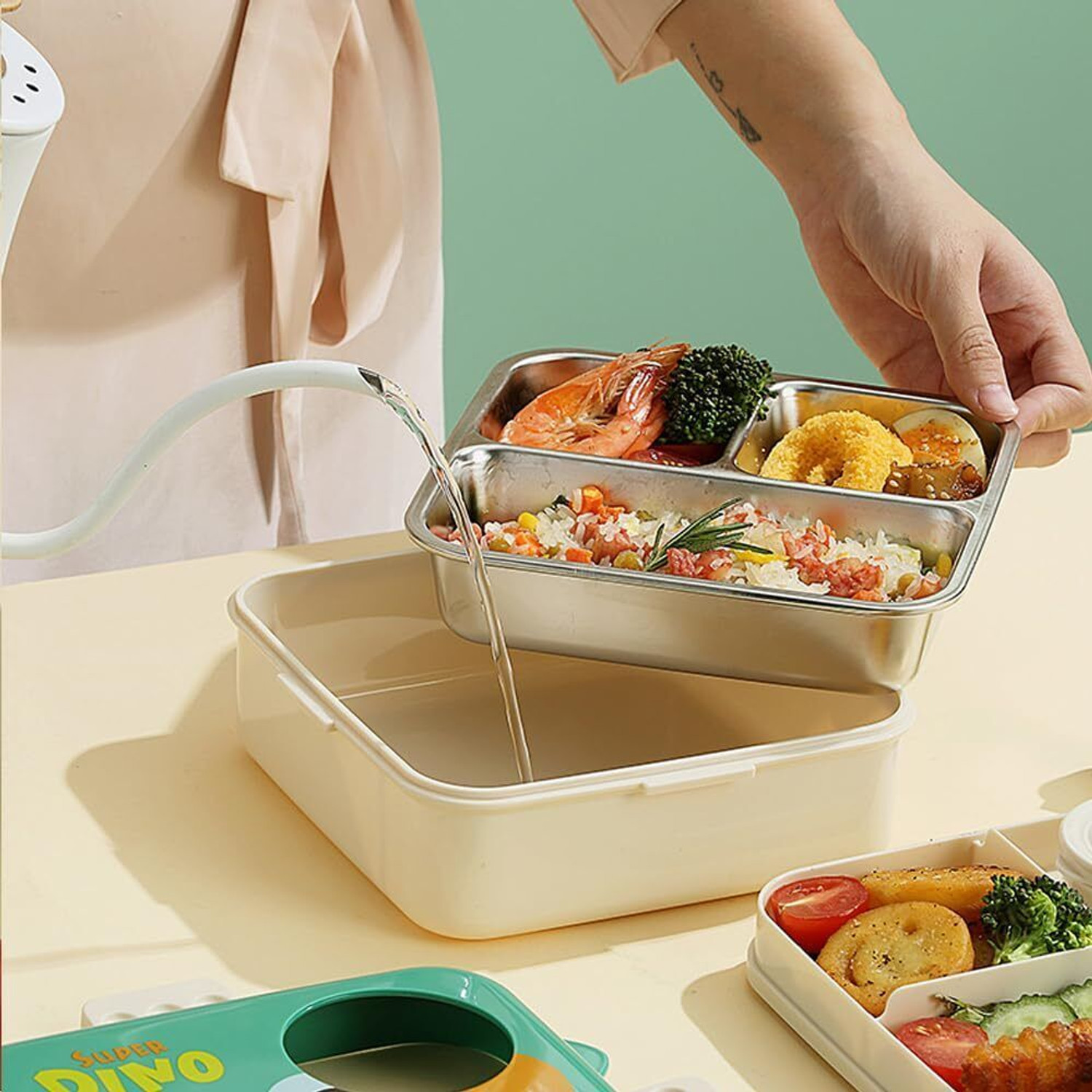 Image of Prejak ELEPHANT PINK 3 Containers Stainless Steel School Lunch Box