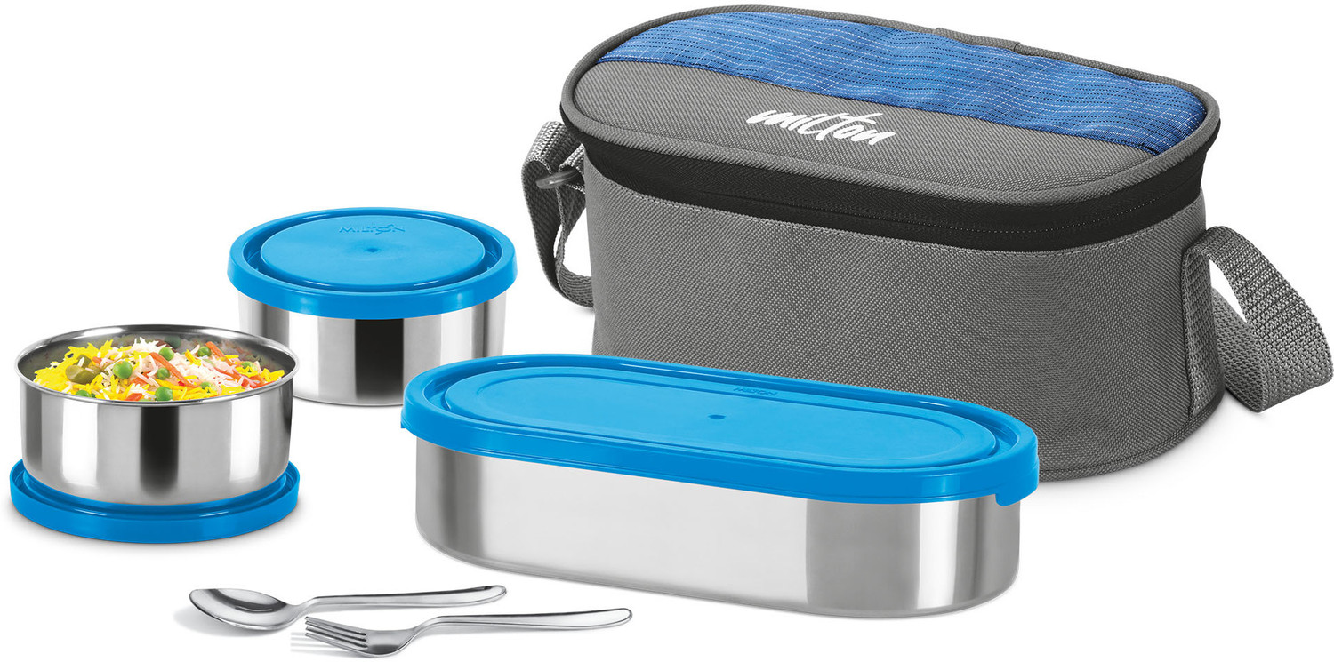 Image of MILTON Master Lunch Max (3 Containers,1 x 675 ml, 2 X 280 ml each) With Jacket, Blue 3 Containers Stainless Steel Office Lunch Box (1235 ml)