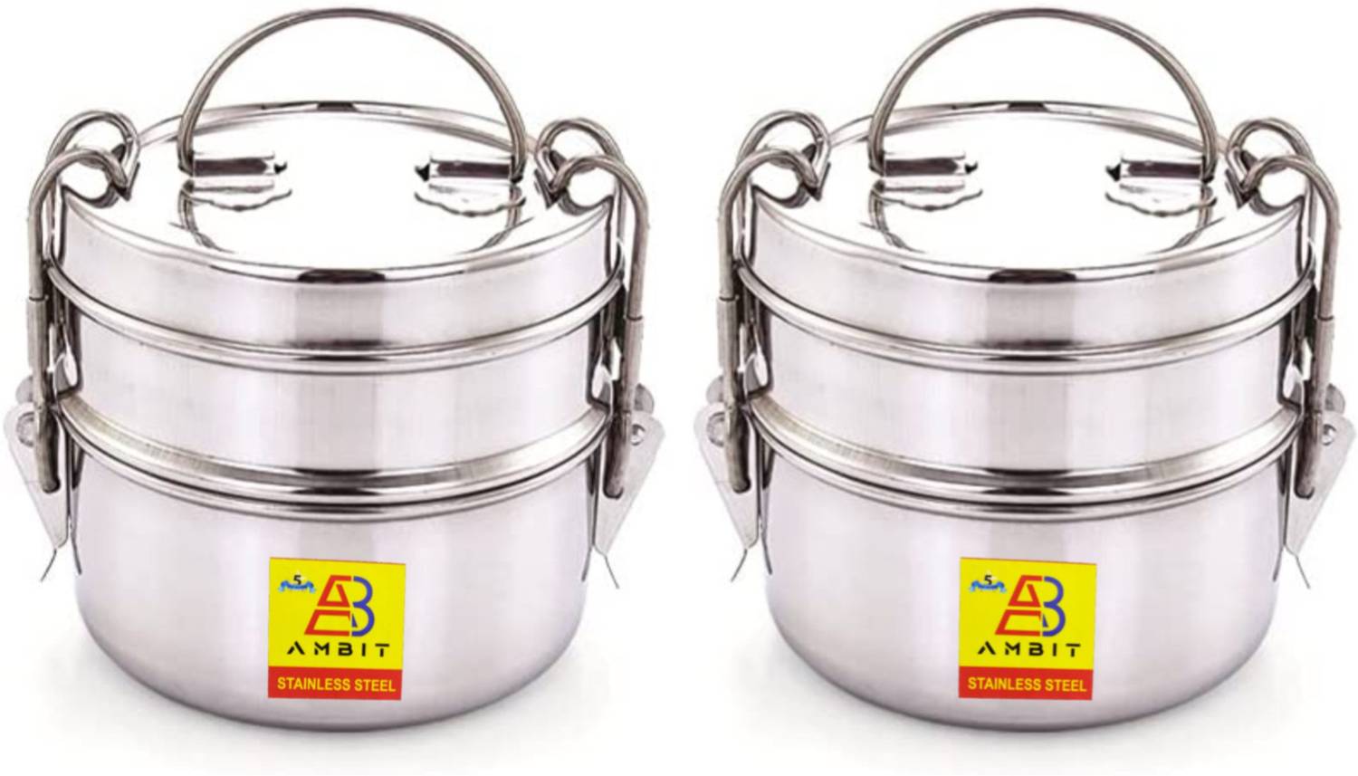 Ambit Stainless Steel Clip Carrier Lunch Box, 2 Containers pack of 2 lunch box 2 4 Containers Stainless Steel Office Lunch Box