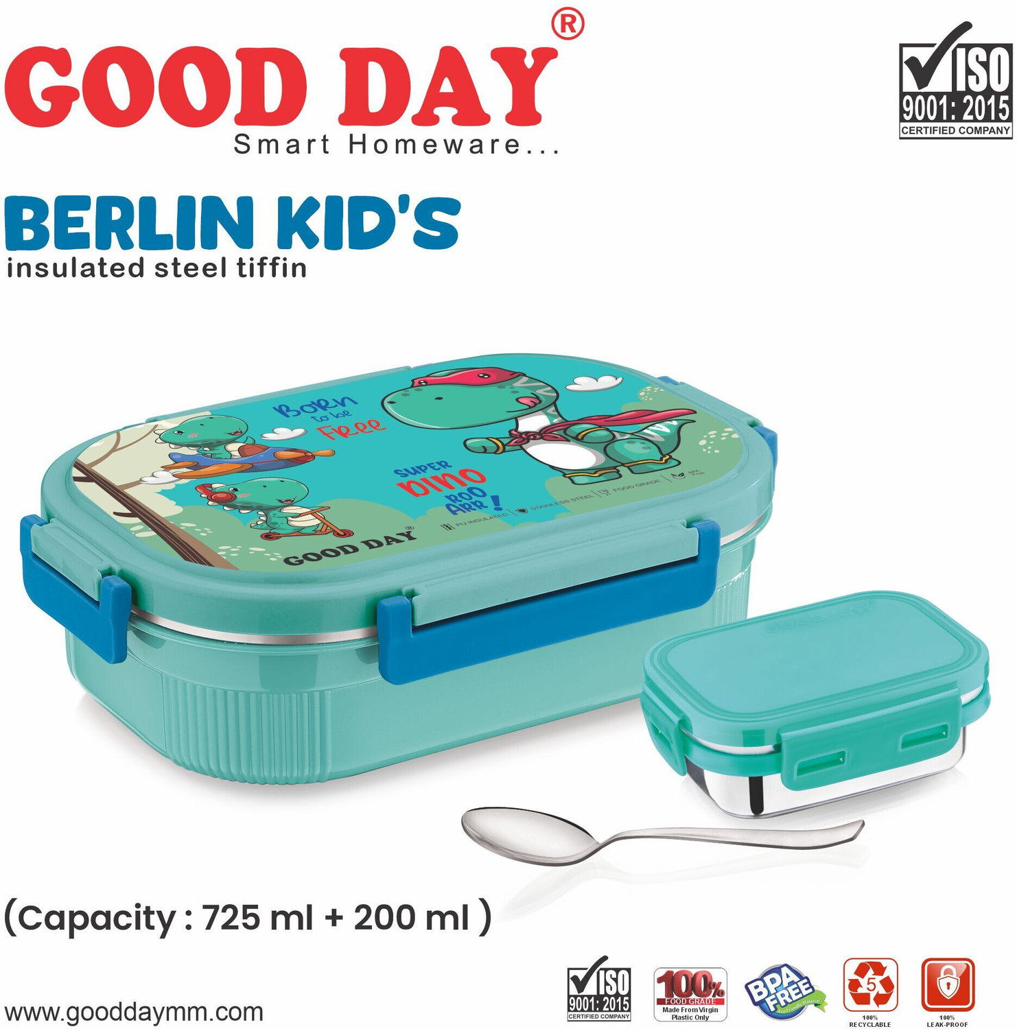 Image of Good Day Berlin Kids Outer plastic inner steel tiffin 2 Containers Plastic School Lunch Box