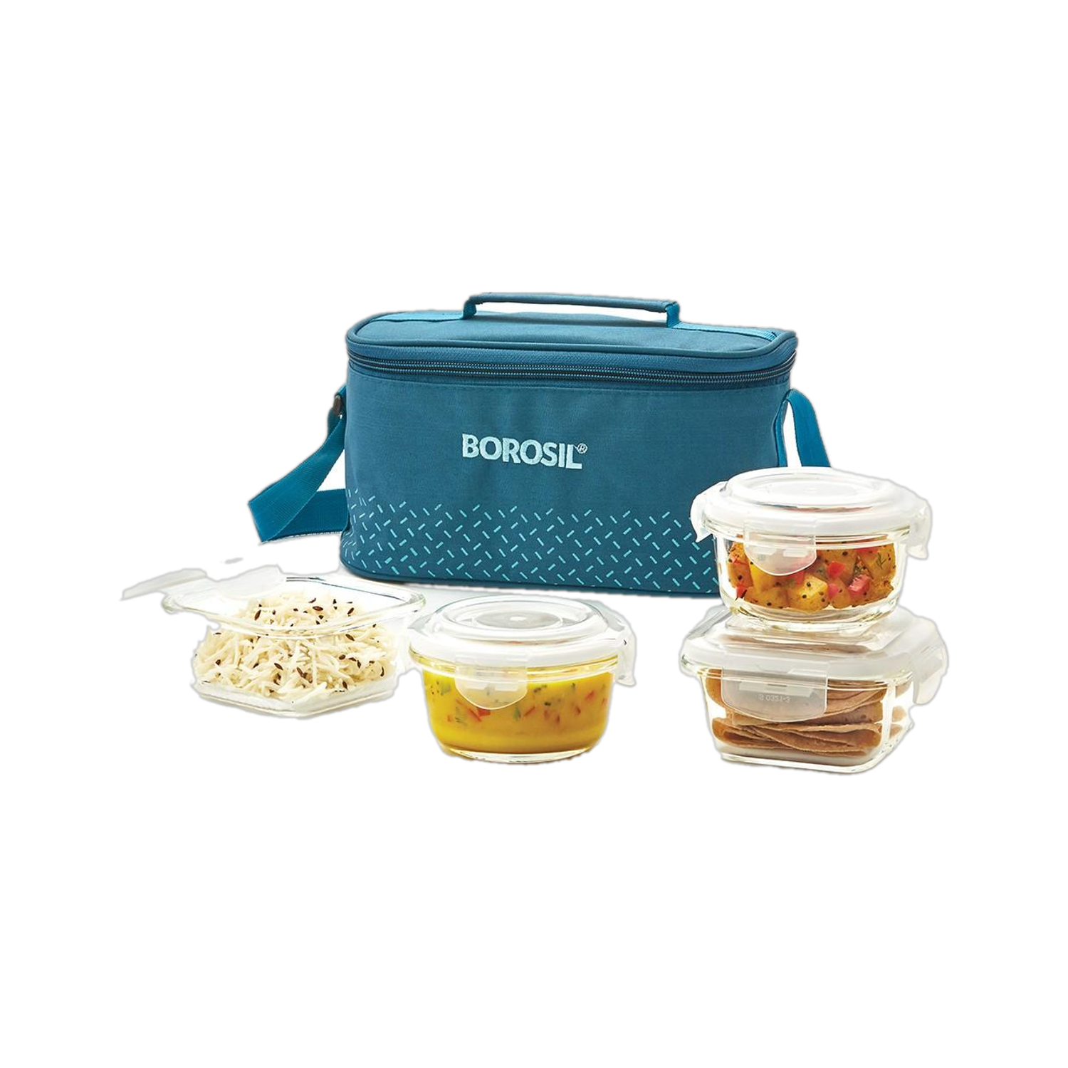 BOROSIL Teal Universal Bag, 4 Pc (320ml x 2 Square + 240ml x 2 Round) Office Tiifin 4 Containers Glass Office Lunch Box