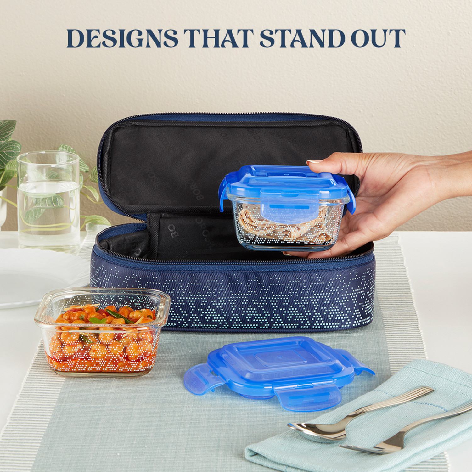 Image of Larah by Borosil Speckle Blue Borosilicate Glass Lunchbox, 2pc Square Set (320ml x 2) Horizontal 2 Containers Glass Office Lunch Box