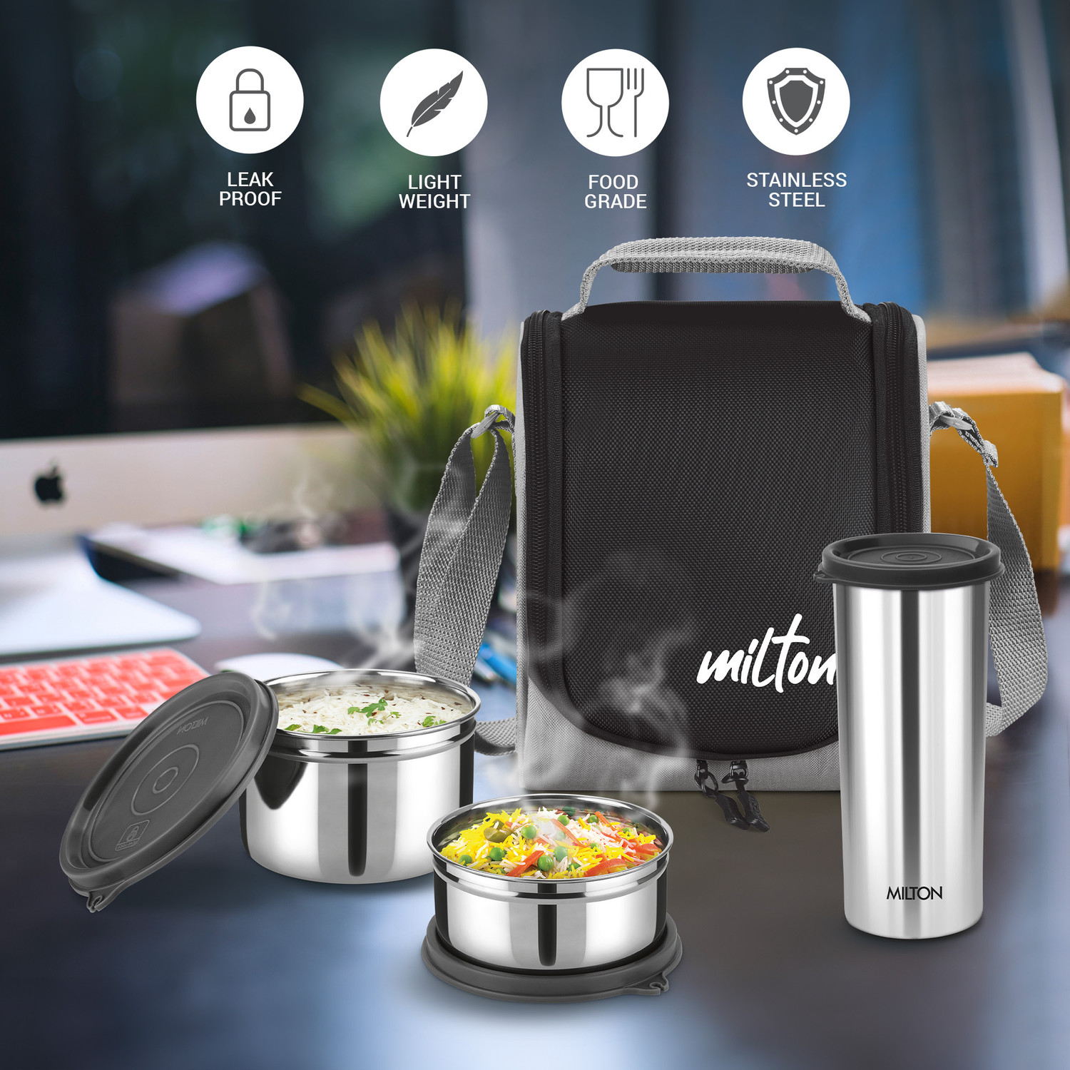 Image of MILTON Tasty 4 Stainless Steel Combo Lunch Box (200ml, 2 - 350ml Each, 500ml) & Tumbler 4 Containers Stainless Steel Office Lunch Box