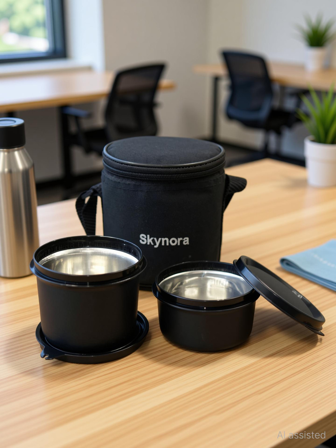 Image of SKYNORA Executive Stainless Steel Lunch Box Set of 2, black (1100-ml) 2 Containers Stainless Steel Office Lunch Box