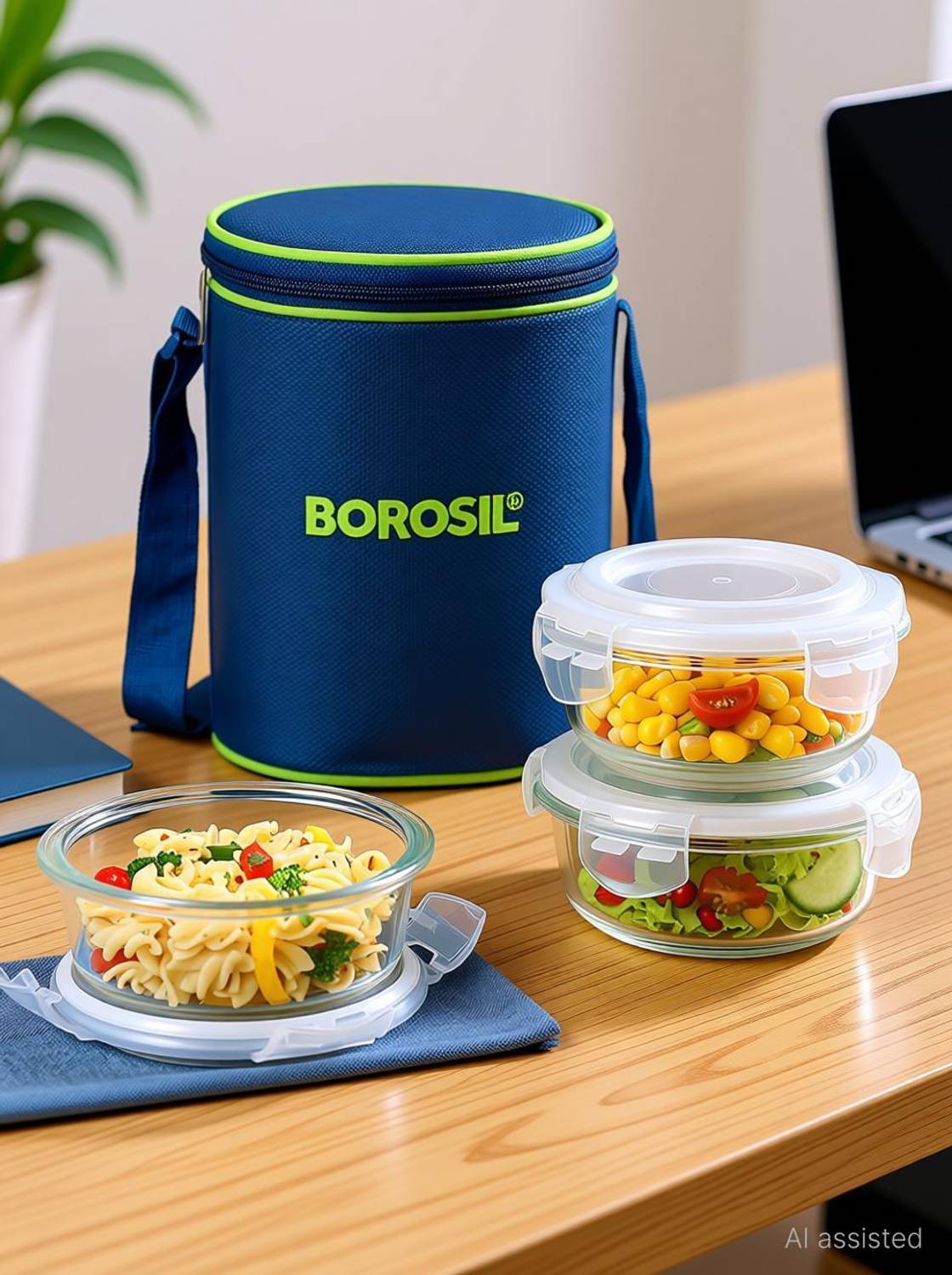 BOROSIL Blue Bag Lunch Box with Bag, 3 Pc (400 ml x 2 Round) Tiifin, Vertical 3 Containers Glass Office Lunch Box