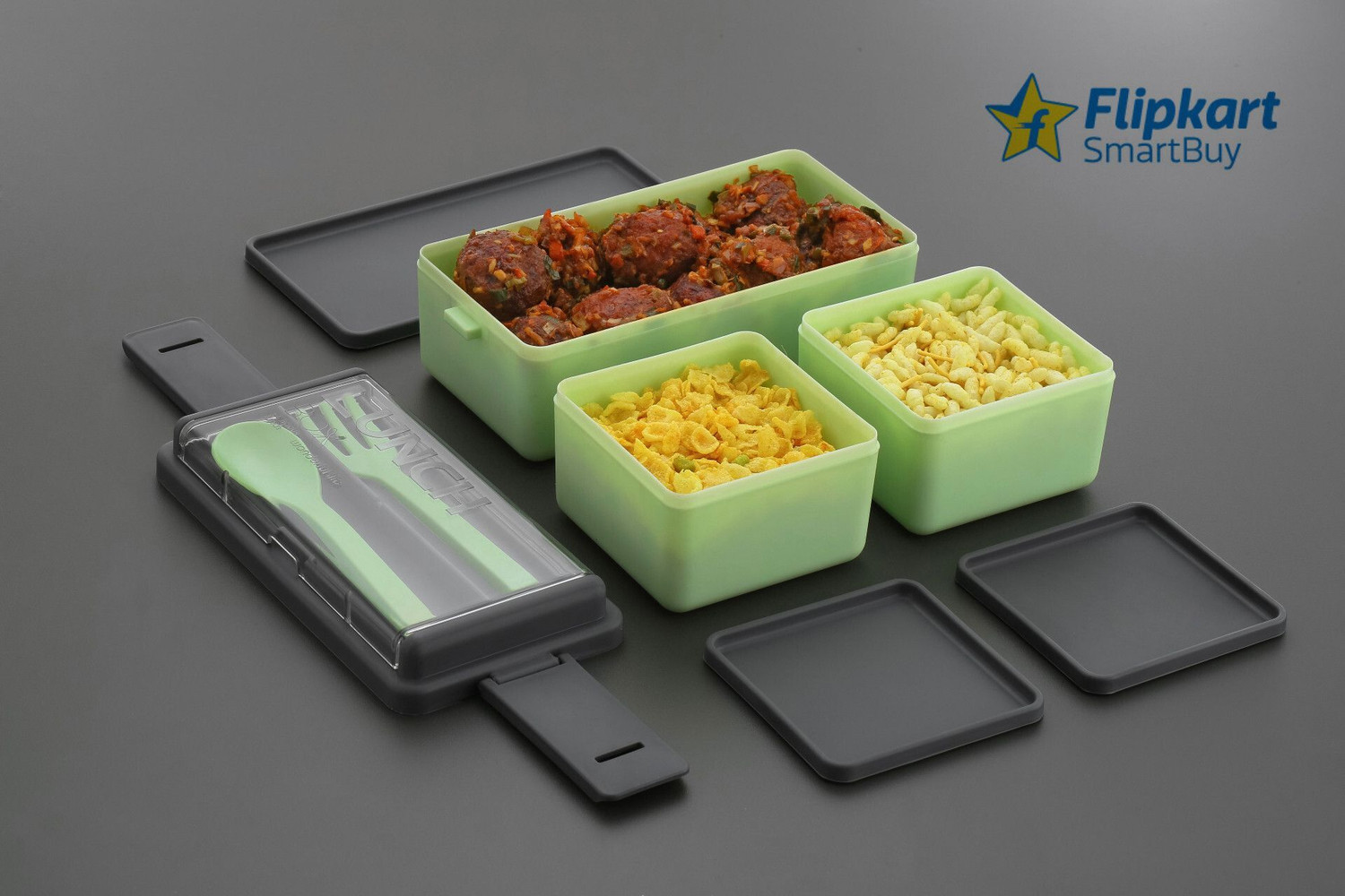 Image of Flipkart SmartBuy Back To School Lunch Box With Spoon & Fork 3 Containers Plastic Office Lunch Box