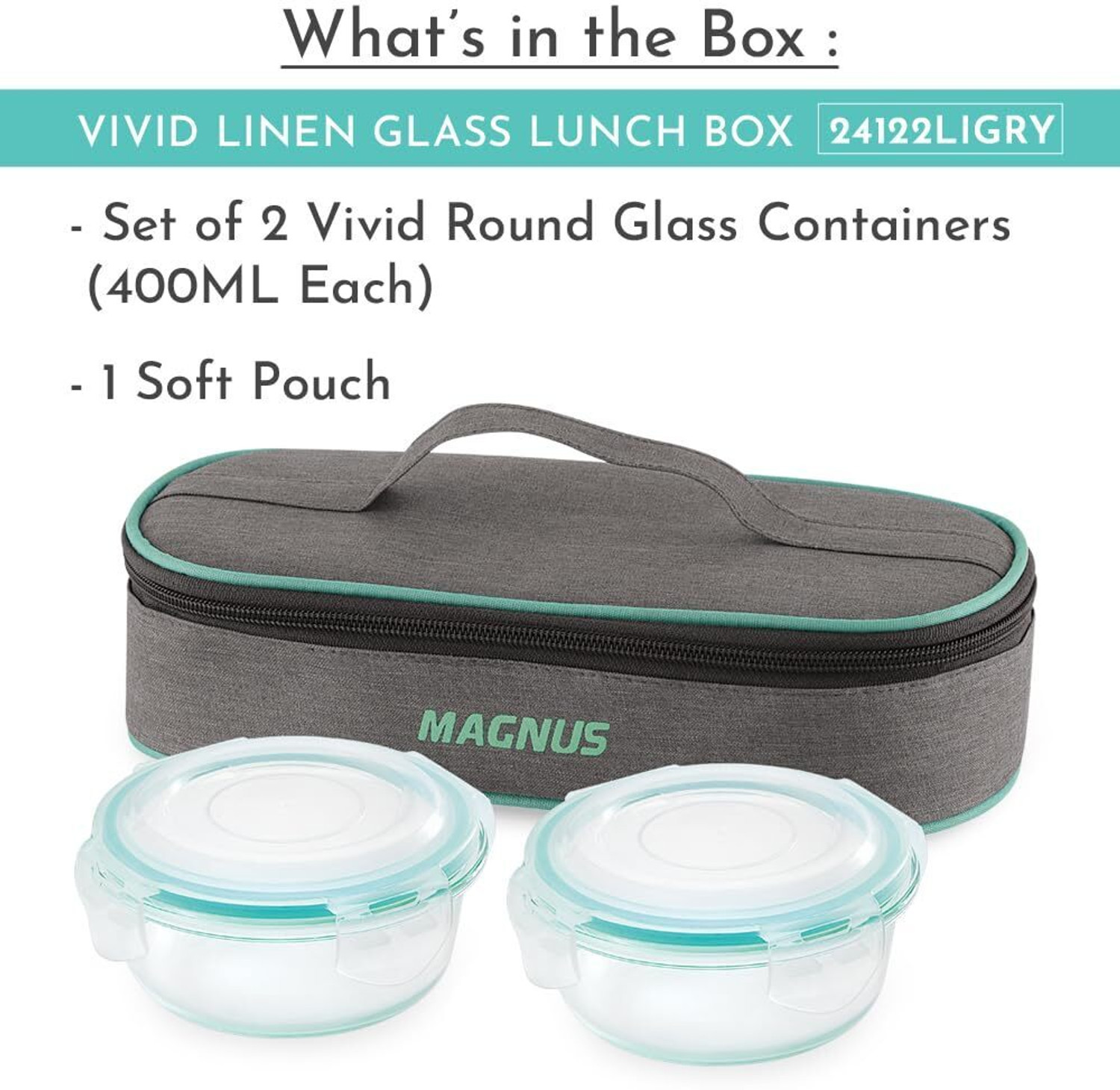 Image of Magnus Vivid Glass Lunch Box with Flat Linen Pouch and Fixed Clip 2 Containers Glass Office Lunch Box