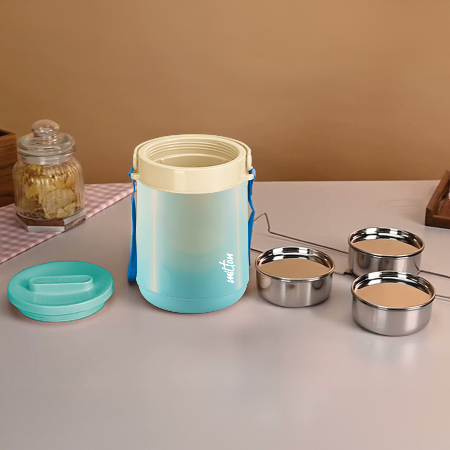 Image of MILTON Gradient Tiffin 3 Steel Tiffin With Lifter, 3 Container 900ml, Aqua Green 3 Containers Stainless Steel Office Lunch Box