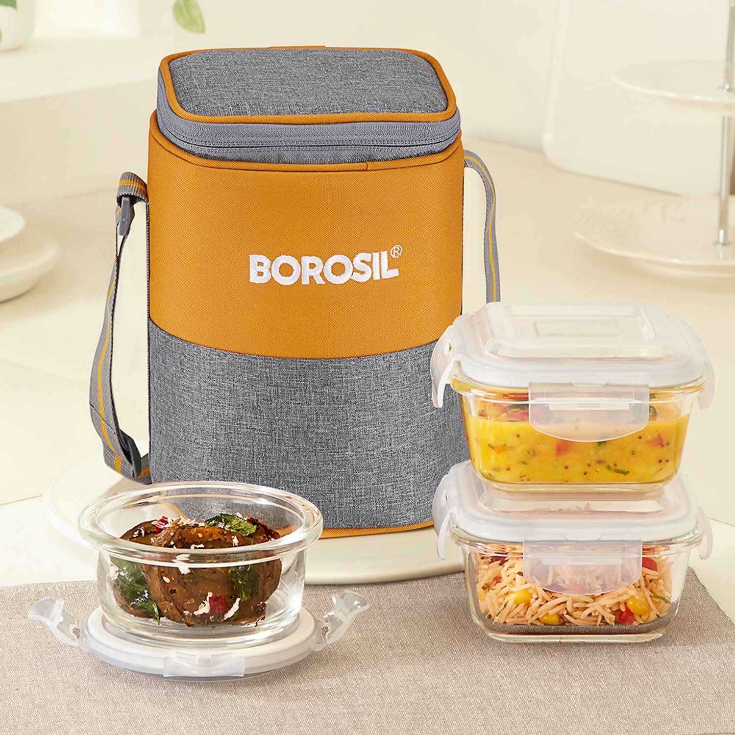 BOROSIL Zest Borosilicate Glass Lunchbox, 3pc Set (320ml x 2 + 240ml x 1), Office Tiffin 3 Containers Glass Office Lunch Box
