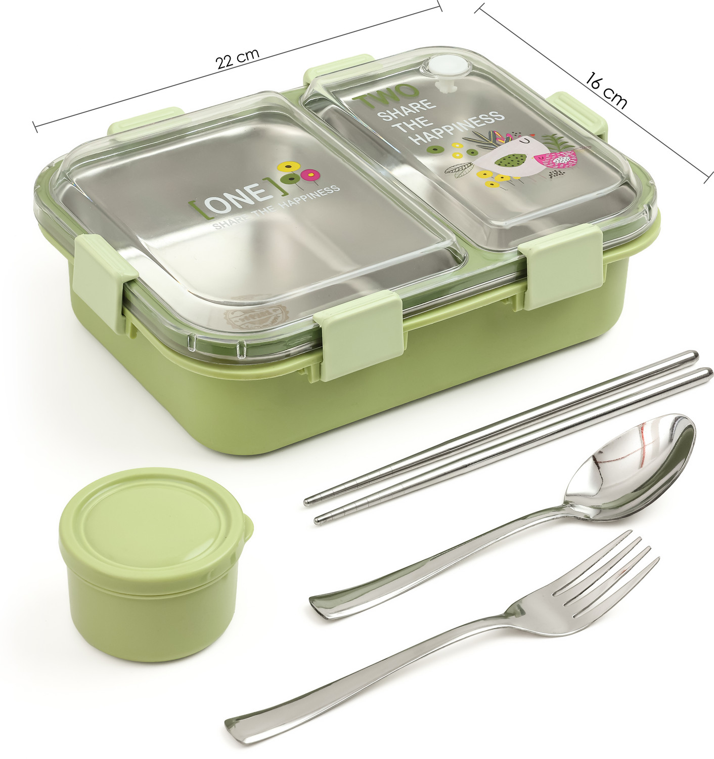 Image of NAVTAN Happiness Bento 2 Section Stainless Steel Lunch Box With Spoon & Chopsticks 2 Containers Stainless Steel Office Lunch Box