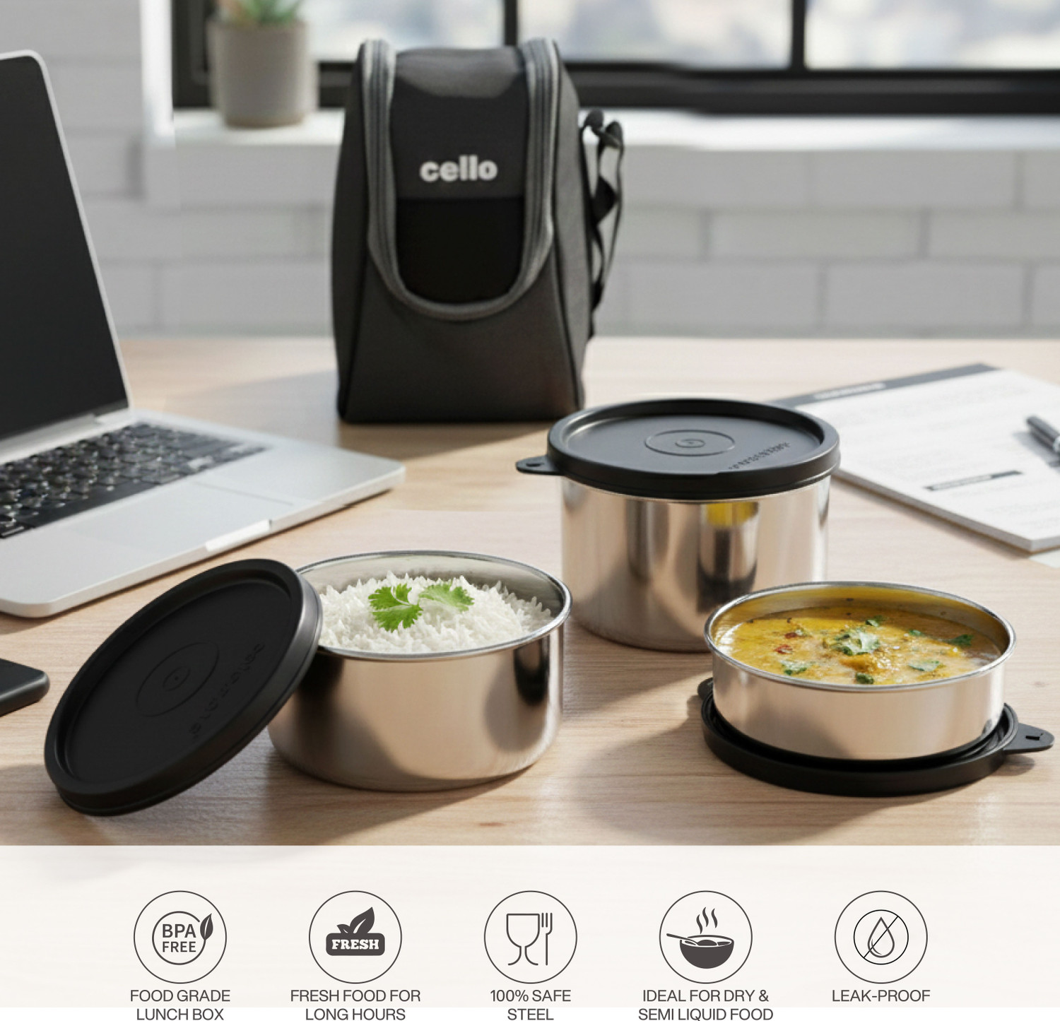Image of cello Steelox Black Set of 3 (225ml, 375ml, 550ml) Containers with Bag 3 Containers Stainless Steel Office Lunch Box