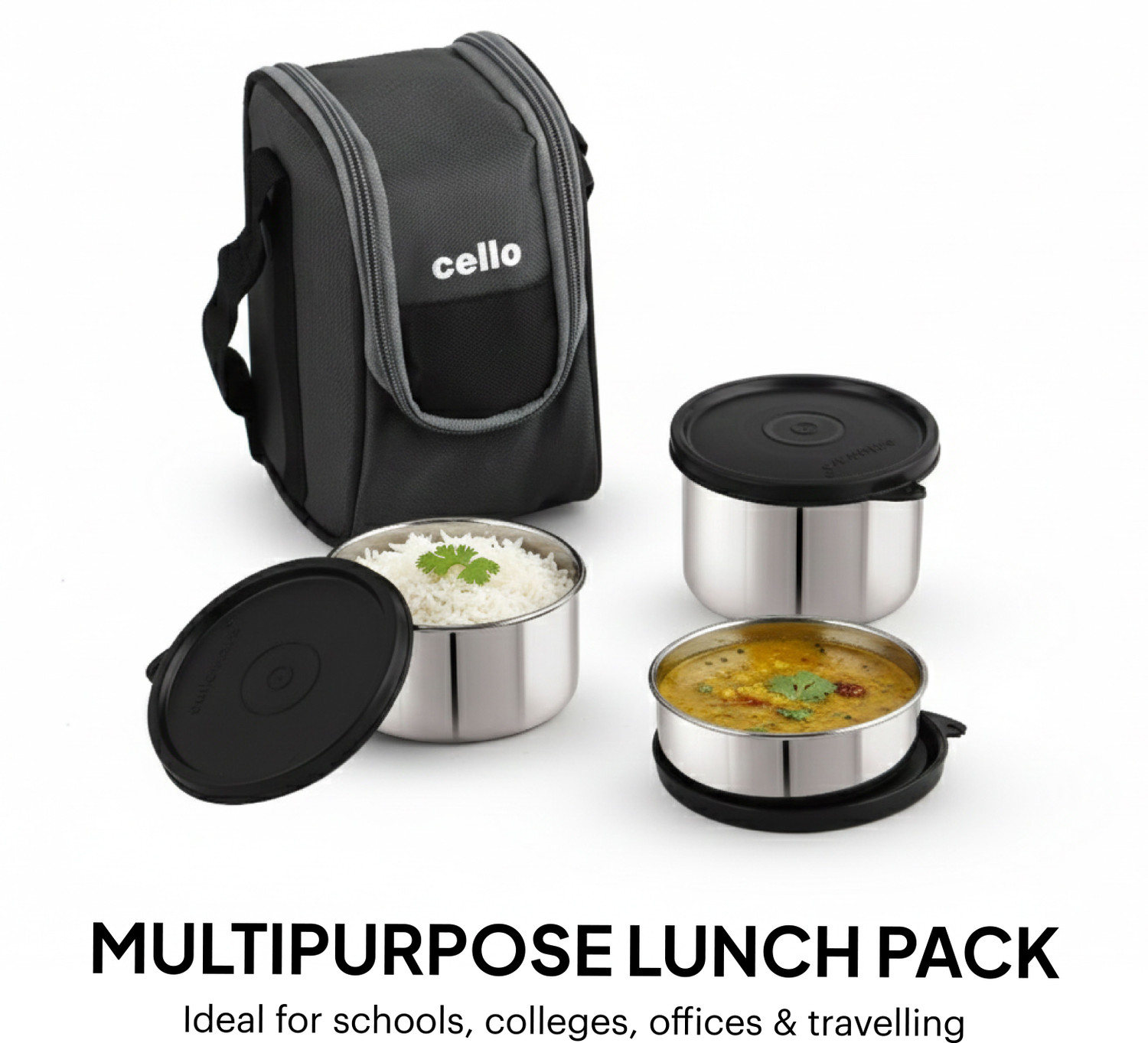 Image of cello Steelox Black Set of 3 (225ml, 375ml, 550ml) Containers with Bag 3 Containers Stainless Steel Office Lunch Box