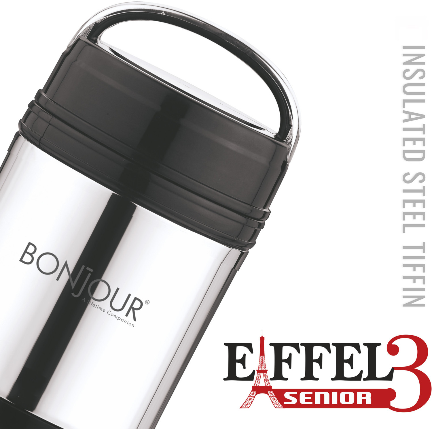 Image of BONJOUR Eiffel Senior 3 | PUF Insulated Steel Tiffin | Easy to Carry | Office & Travel 3 Containers Stainless Steel Office Lunch Box