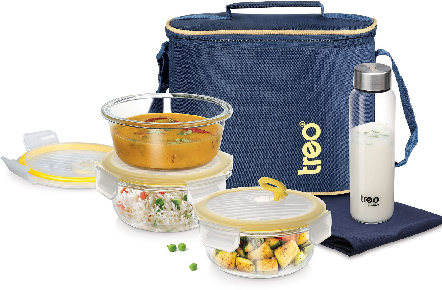 Image of TREO All Fresh Borosilicate Glass Round Tiffin Set of 5, Carry Jacket & Glass Bottle 5 Containers Glass Office Lunch Box