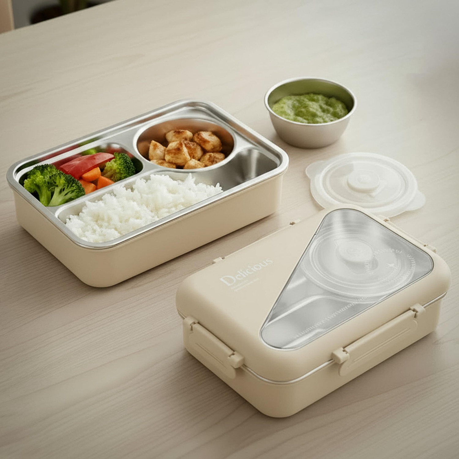 Image of Funbee Nibblish 4-Compartment Stainless Steel Lunch Box with Sauce Container 1 Containers Polypropylene School Lunch Box (1050 ml)