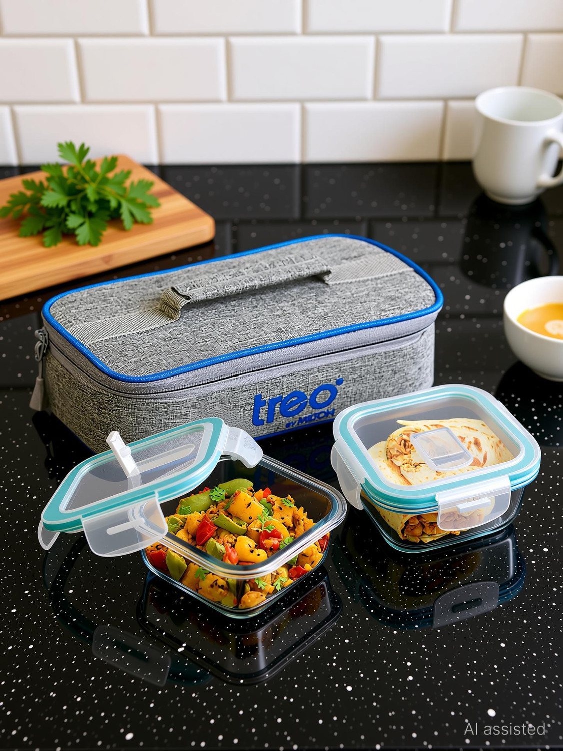 Image of TREO All Fresh Square Tiffin 2 Containers of 400 ml Each with Jacket | Microwave Safe 2 Containers Glass Office Lunch Box