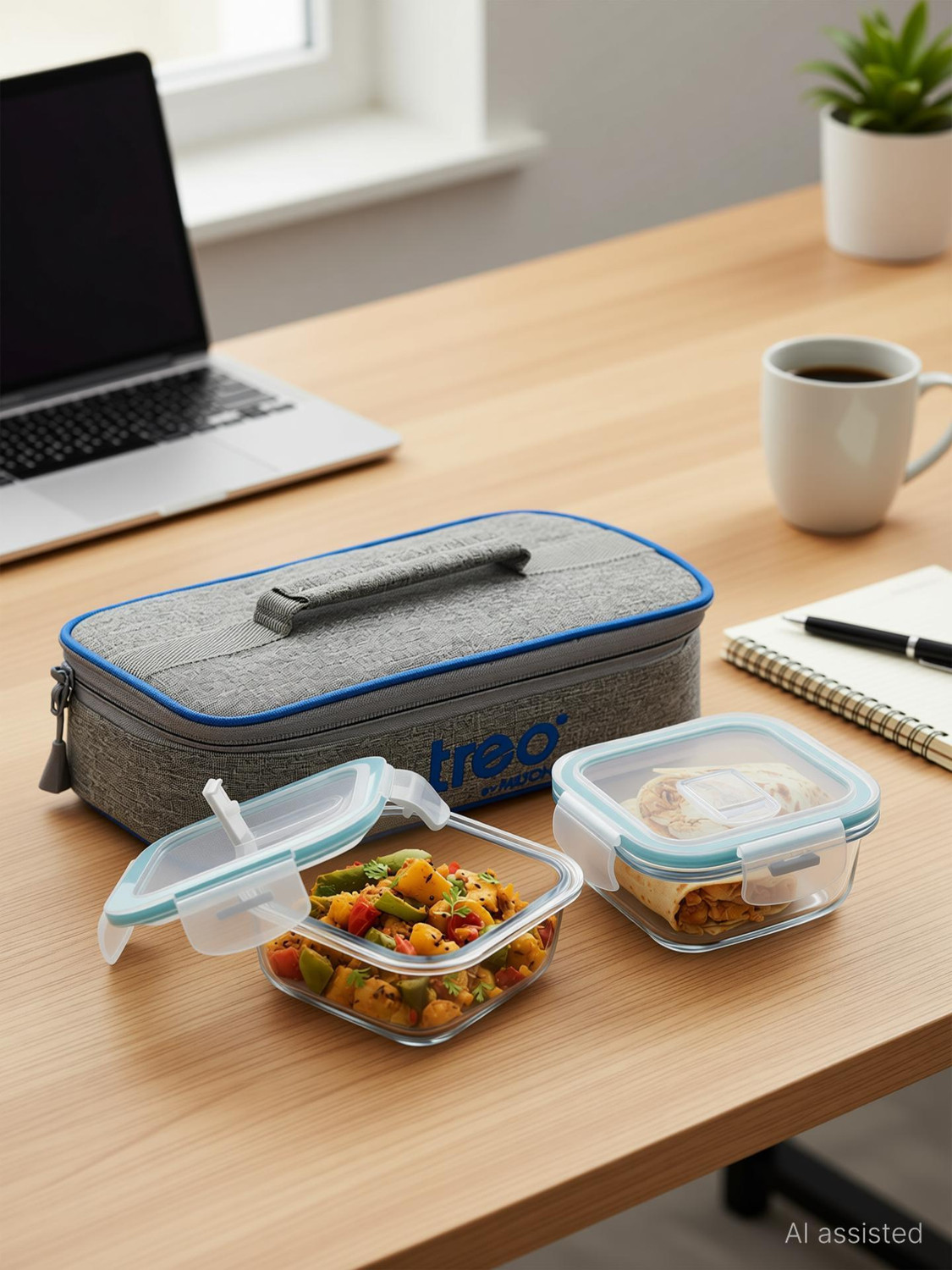 Image of TREO All Fresh Square Tiffin 2 Containers of 400 ml Each with Jacket | Microwave Safe 2 Containers Glass Office Lunch Box
