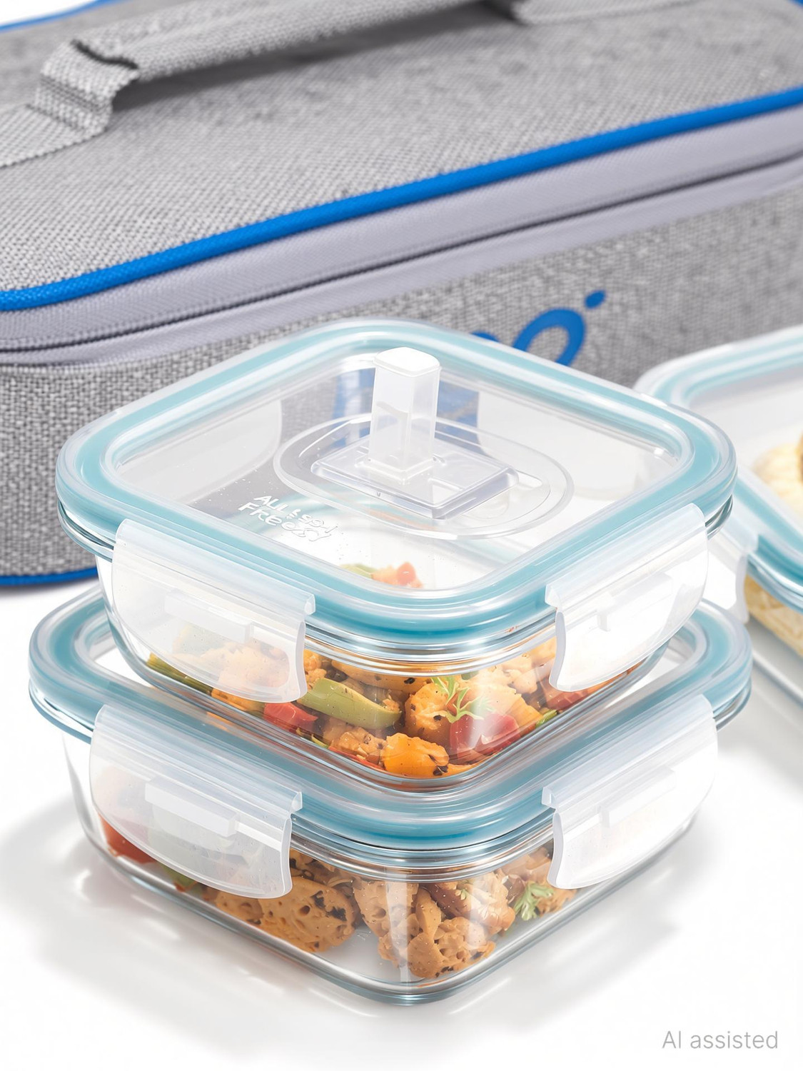 Image of TREO All Fresh Square Tiffin 2 Containers of 400 ml Each with Jacket | Microwave Safe 2 Containers Glass Office Lunch Box