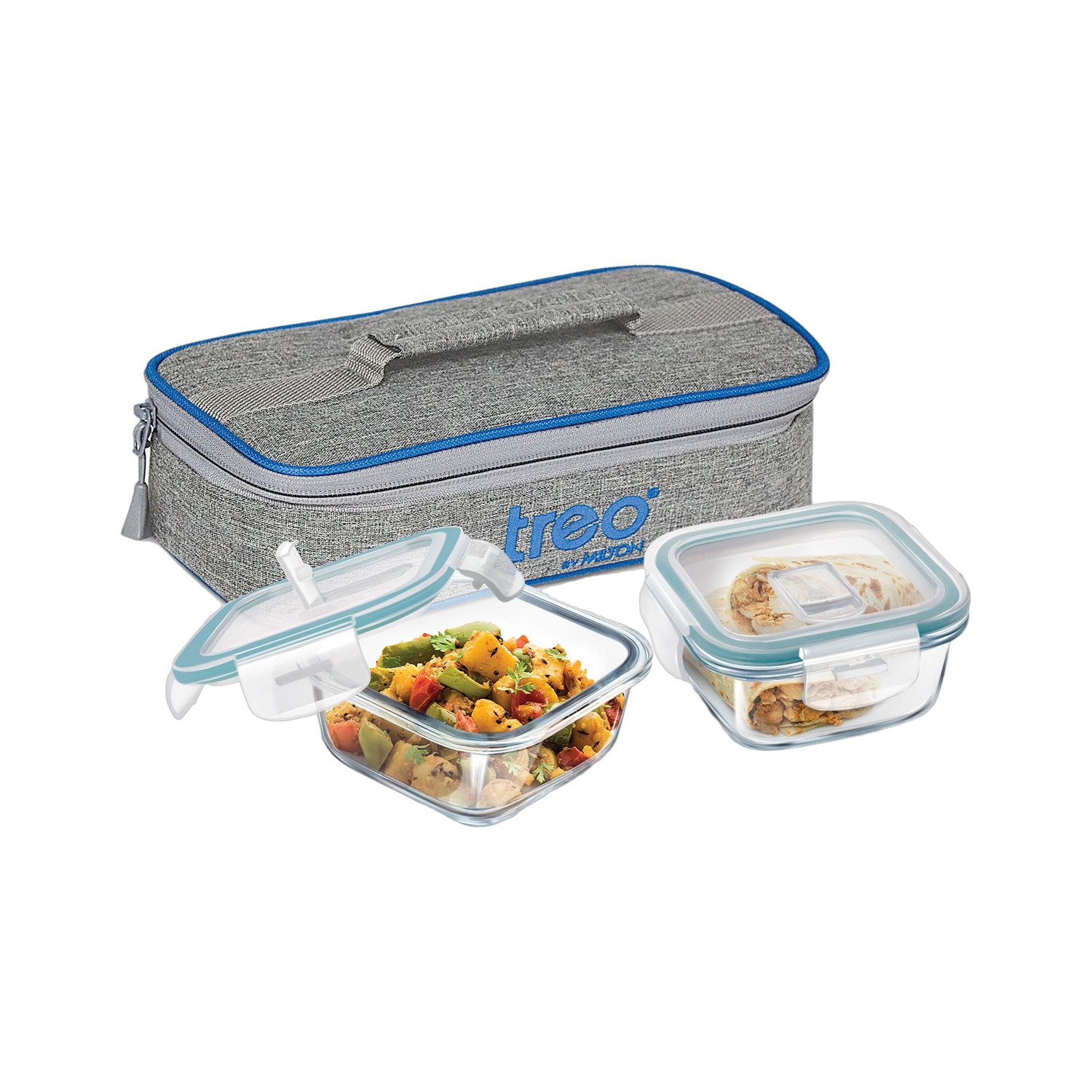 Image of TREO All Fresh Square Tiffin 2 Containers of 400 ml Each with Jacket | Microwave Safe 2 Containers Glass Office Lunch Box