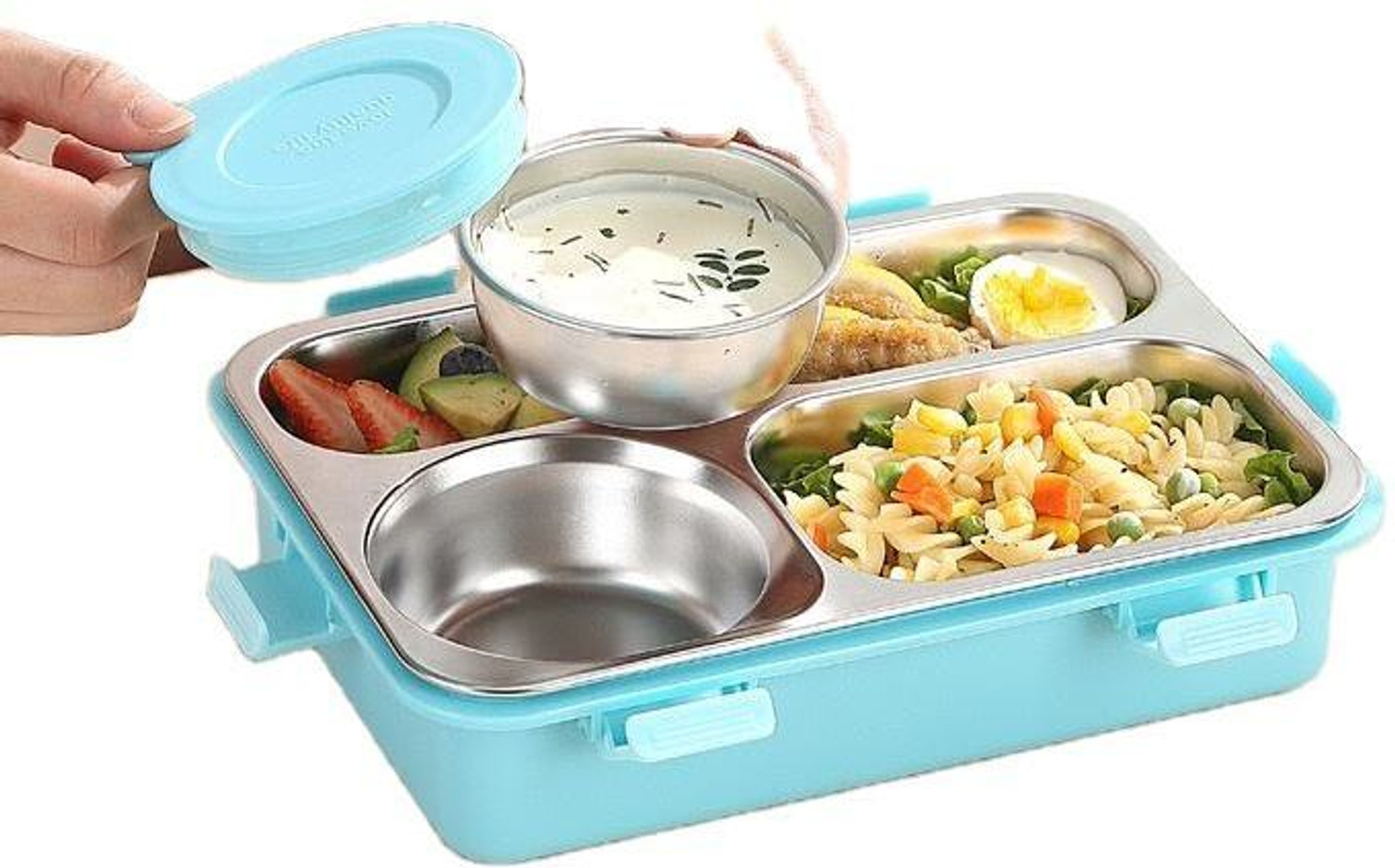 Image of RBGIIT 4 Compartment Happiness Lunch Box Kids 4 Containers Stainless Steel Office Lunch Box