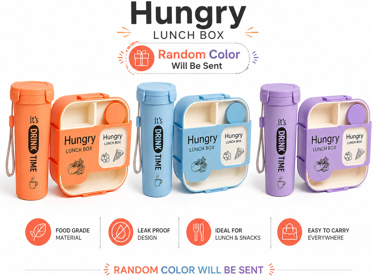 Image of VS Steel Lunch Box with Water Bottle Set Leak Proof Food Grade Tiffin Random Color Set 3 Containers Plastic School Lunch Box
