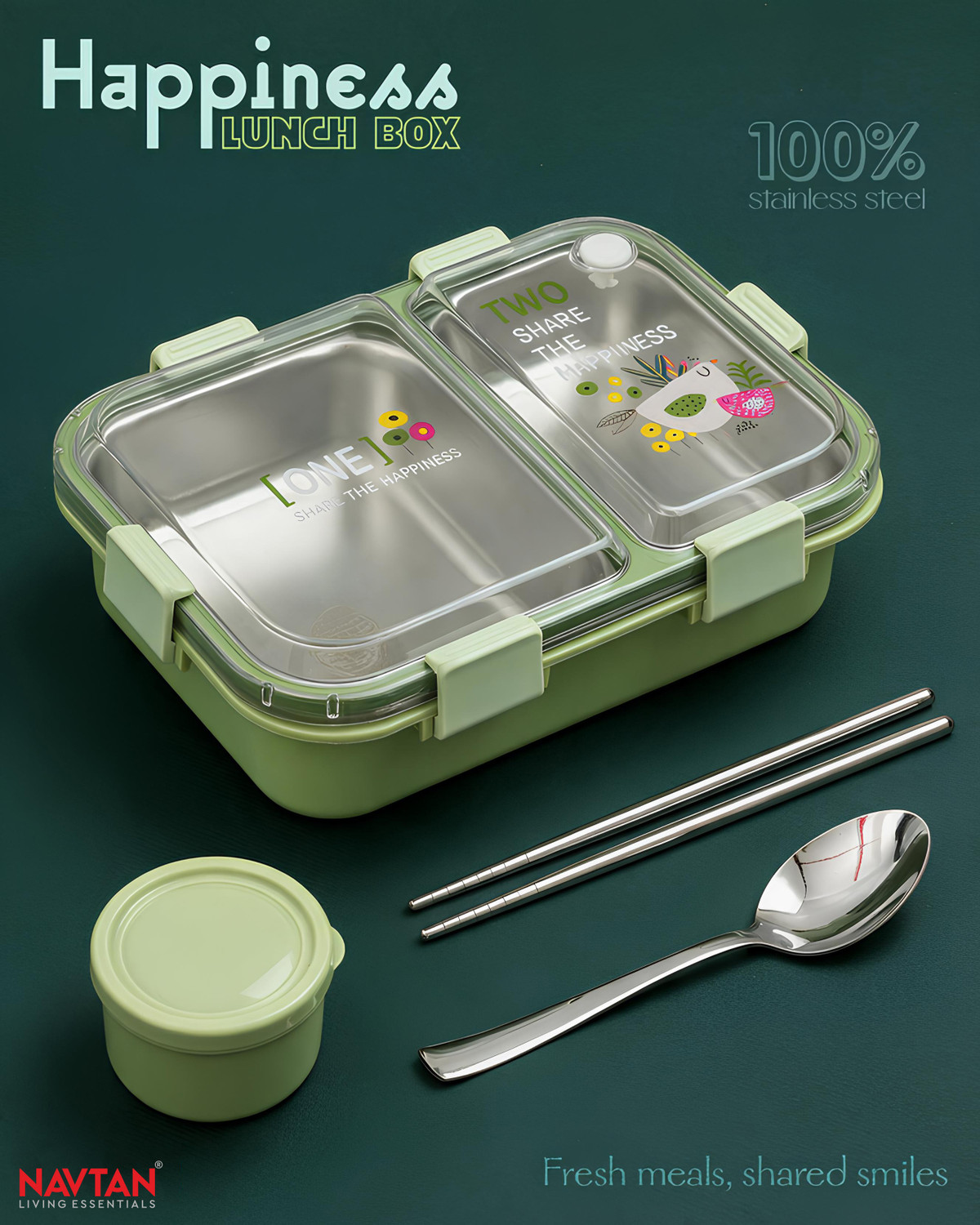 Image of NAVTAN Happiness Bento 2 Section Stainless Steel Lunch Box With Spoon & Chopsticks 2 Containers Stainless Steel Office Lunch Box