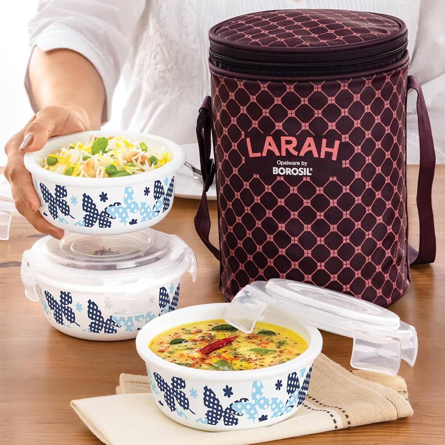 Larah by Borosil Veera Blue Opalware Lunch Box with Bag, Unisex Lunch box for Office, School 3 Containers Opalware Office Lunch Box